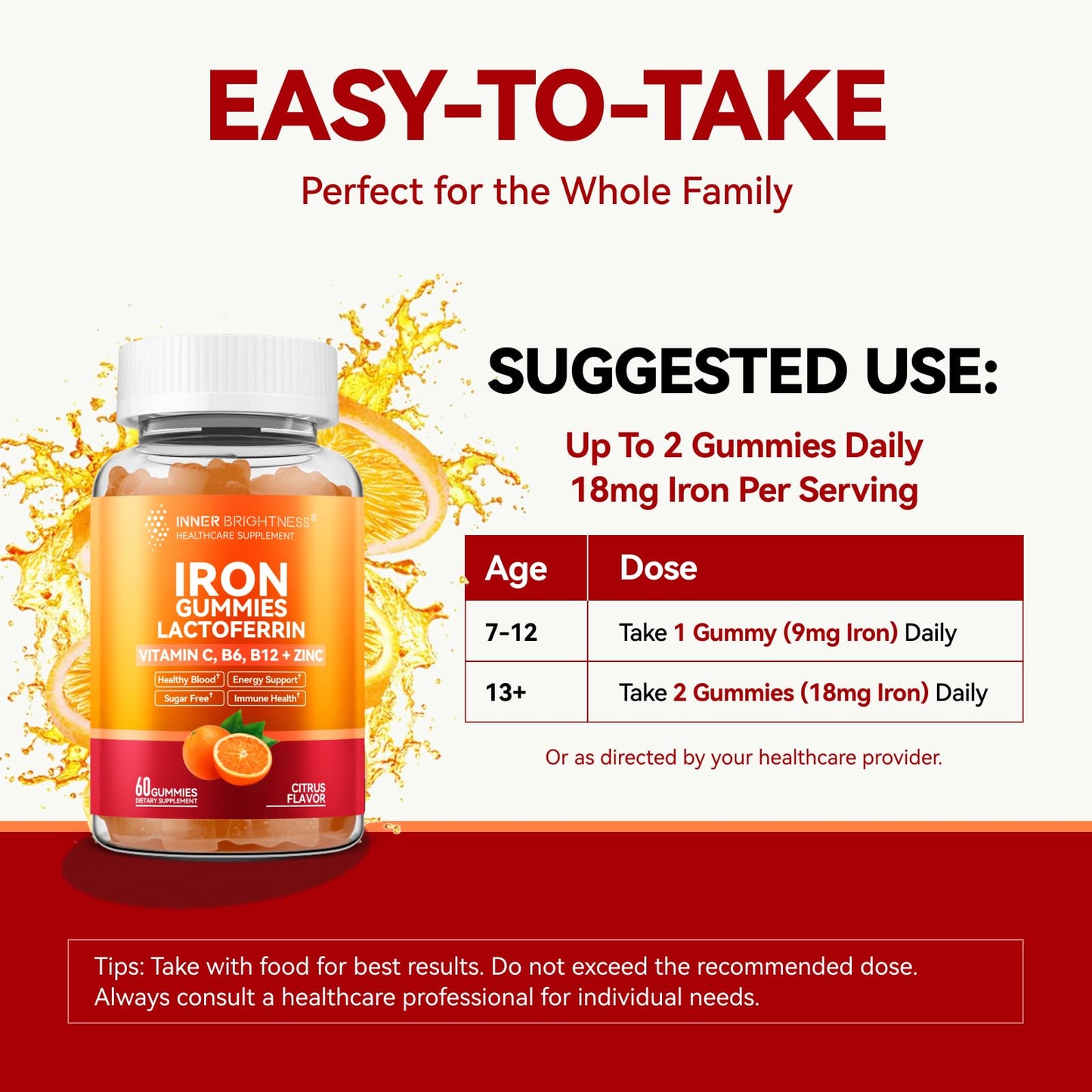 Inner Brightness Iron Supplement Gummies with Lactoferrin, Vitamin C, B6, B12 & Zinc, 60 Gummies