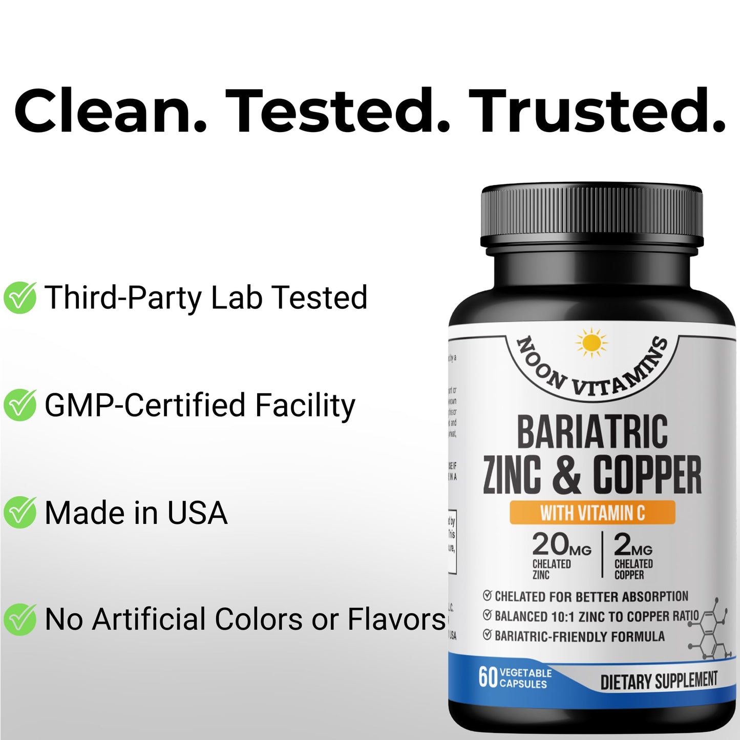 NOON VITAMINS Bariatric Zinc 20mg with Copper 2mg (10:1 Ratio) + Vitamin C – Balanced Bariatric Formula – TRAACS Chelated Zinc Glycinate – Gentle on Stomach, 60 Capsules