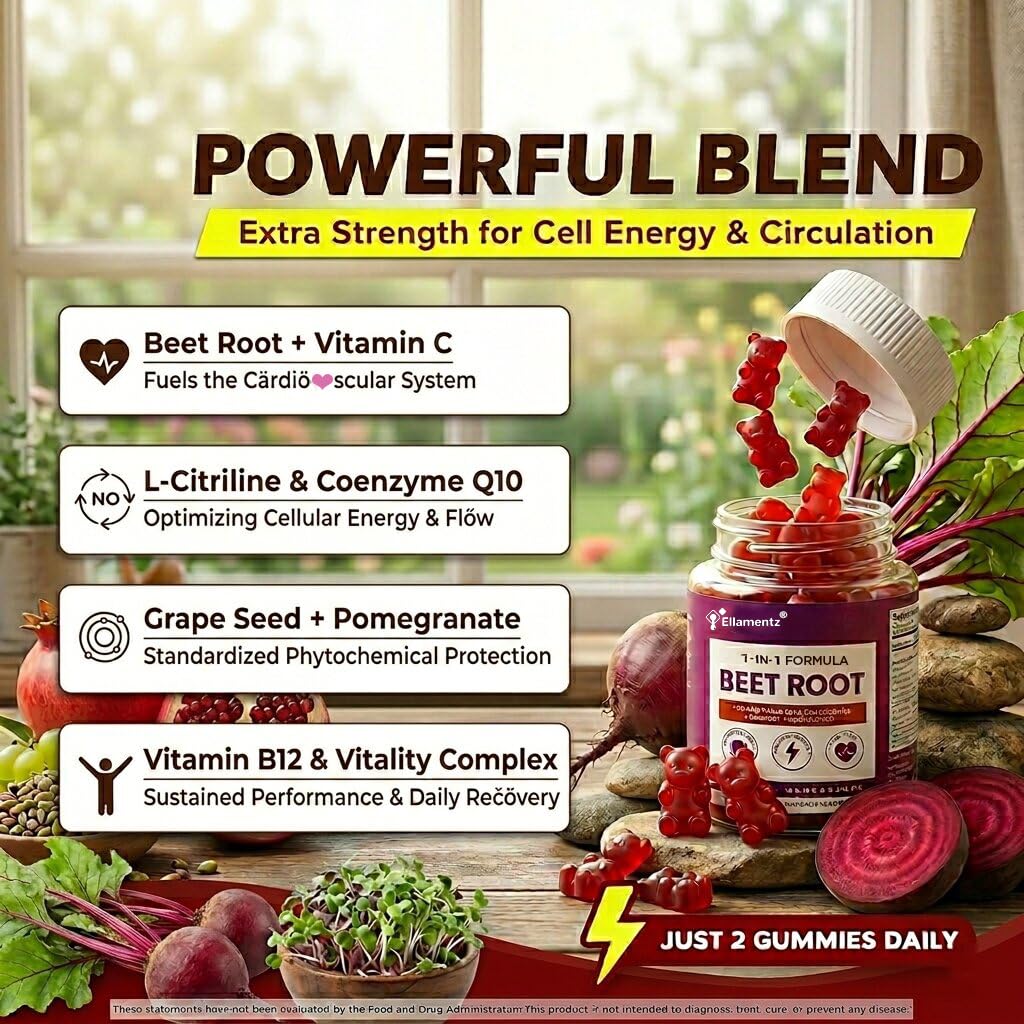 ELLAMENTZ Beet Root Gummies for Healthy Circulation & Oxygen Flow - Pomegranate Nitric Oxide Booster with CoQ10, L-Citrulline, Grape Seed & B12 - Sugar Free, 120 Gummies