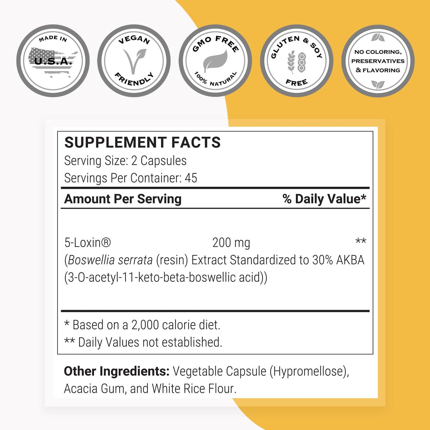 Supersmart 5-Loxin 200mg per Day (Patented) AKBA Supplement - 5-Loxin Boswellia Serrata Extract, Non-GMO & Gluten Free, Capsules, 90 Count