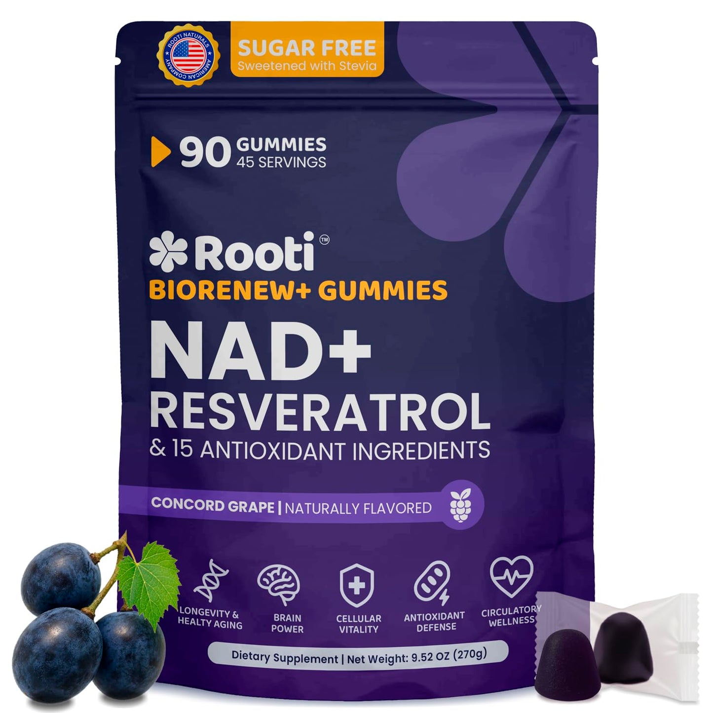 ROOTI NAD+ Resveratrol Complex Gummies, 90 Count