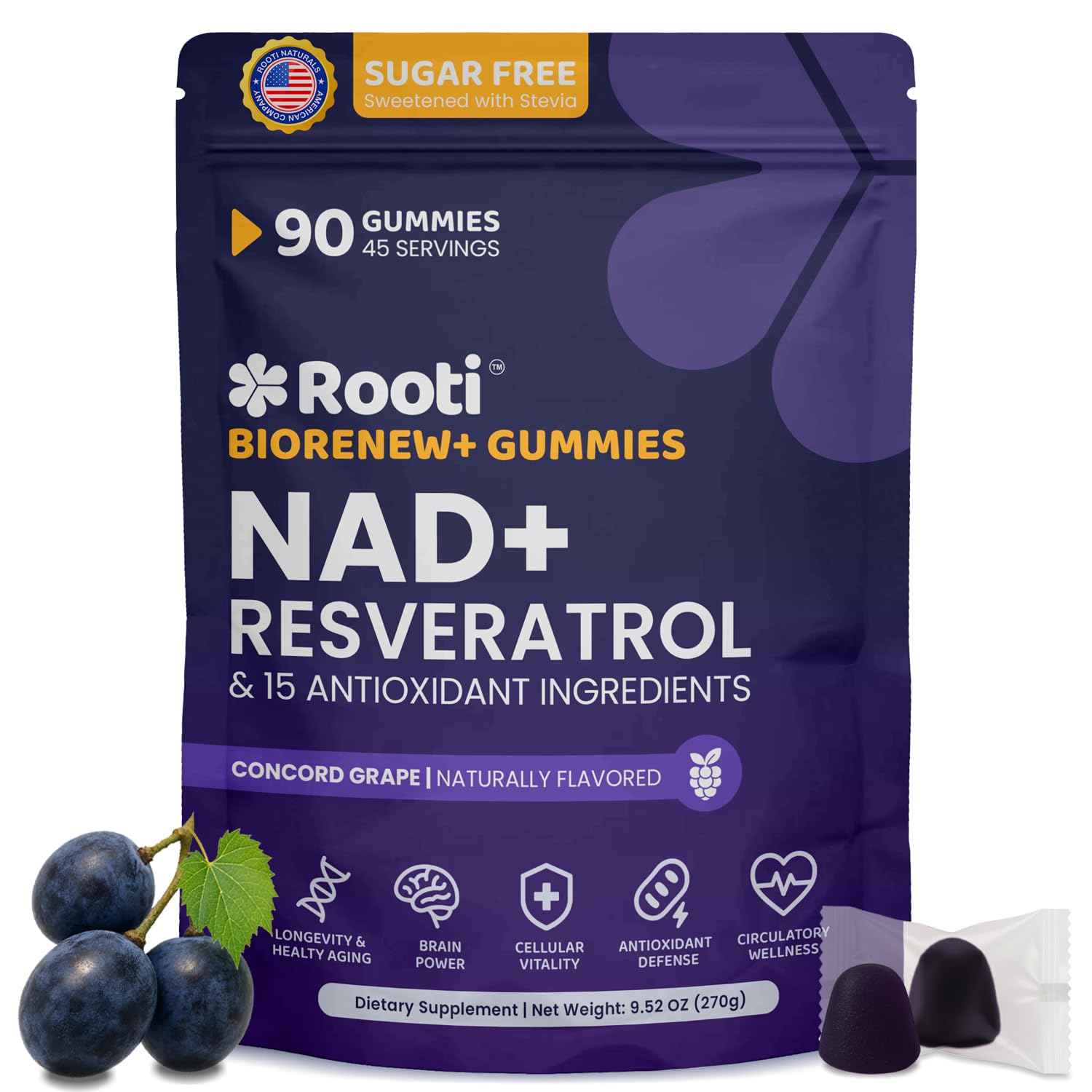 ROOTI NAD+ Resveratrol Complex Gummies, 90 Count