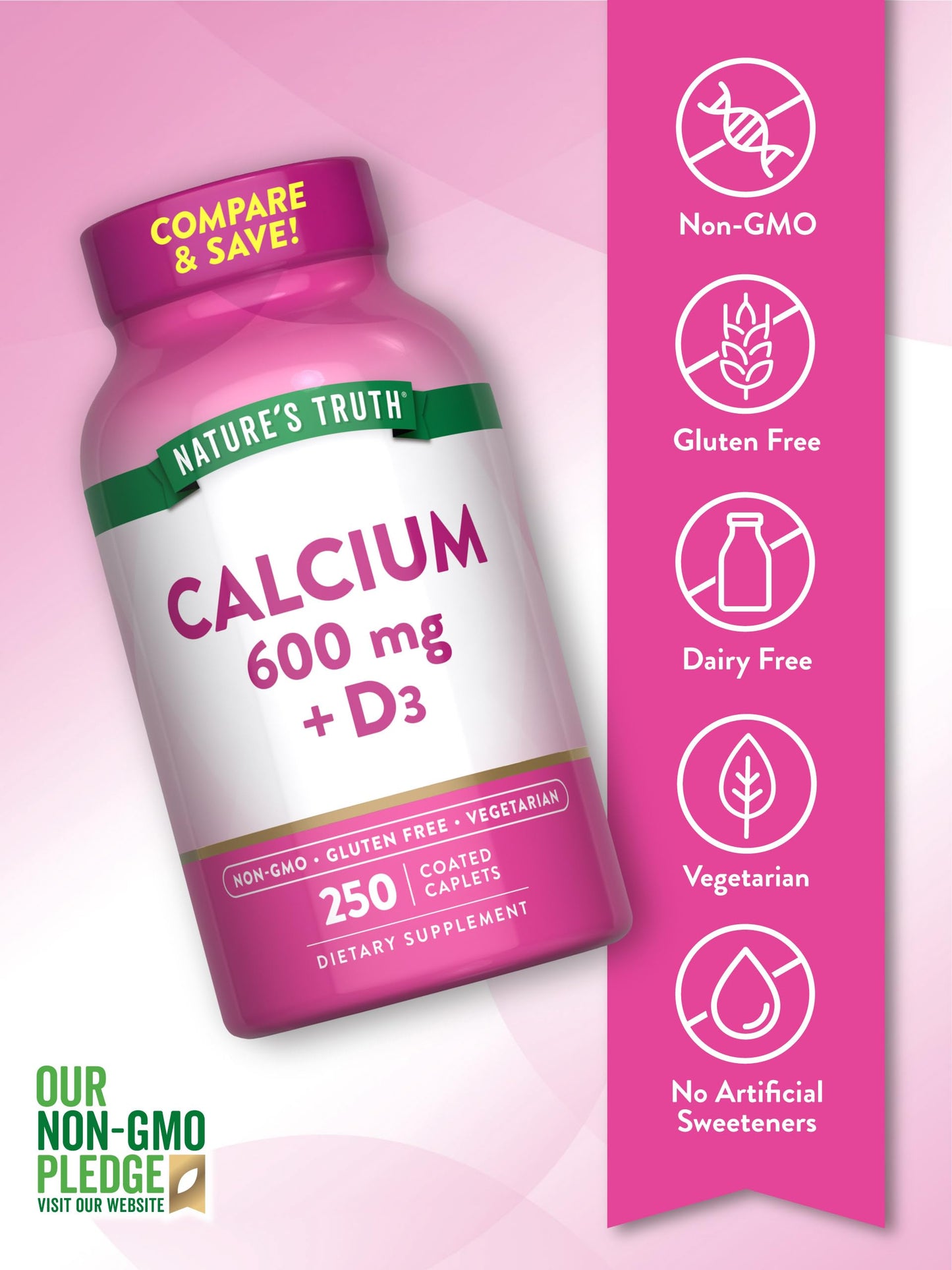 Nature's Truth Calcium 600mg with Vitamin D3 Caplets, 250 Caplets