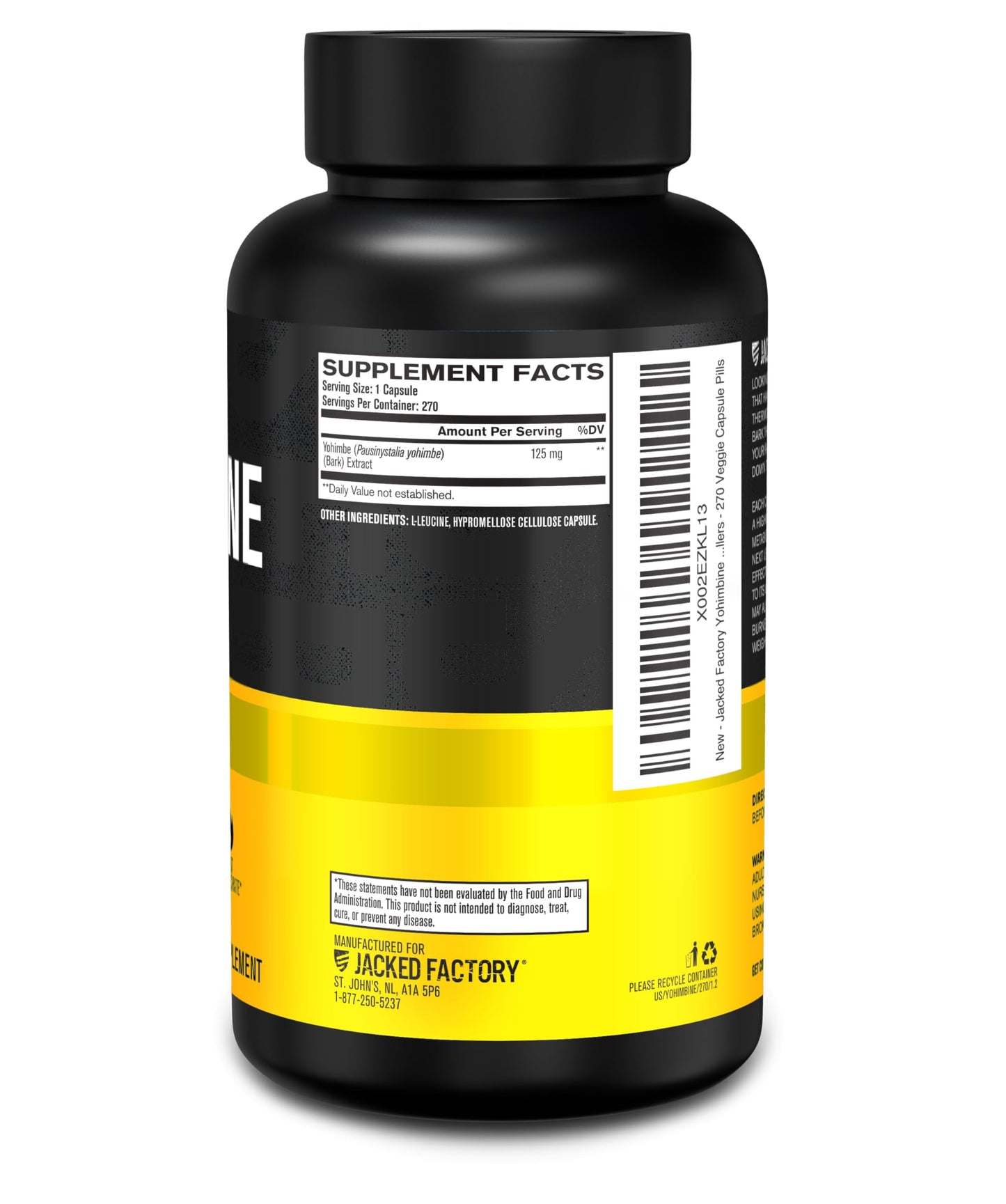 Jacked Factory Yohimbine Extra Strength Supplement Capsules, 270