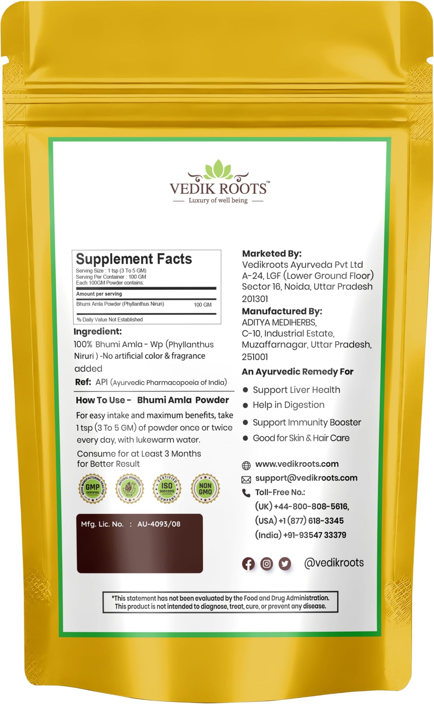 VEDIKROOTS Bhumi Amla Powder 3.5 Ounce