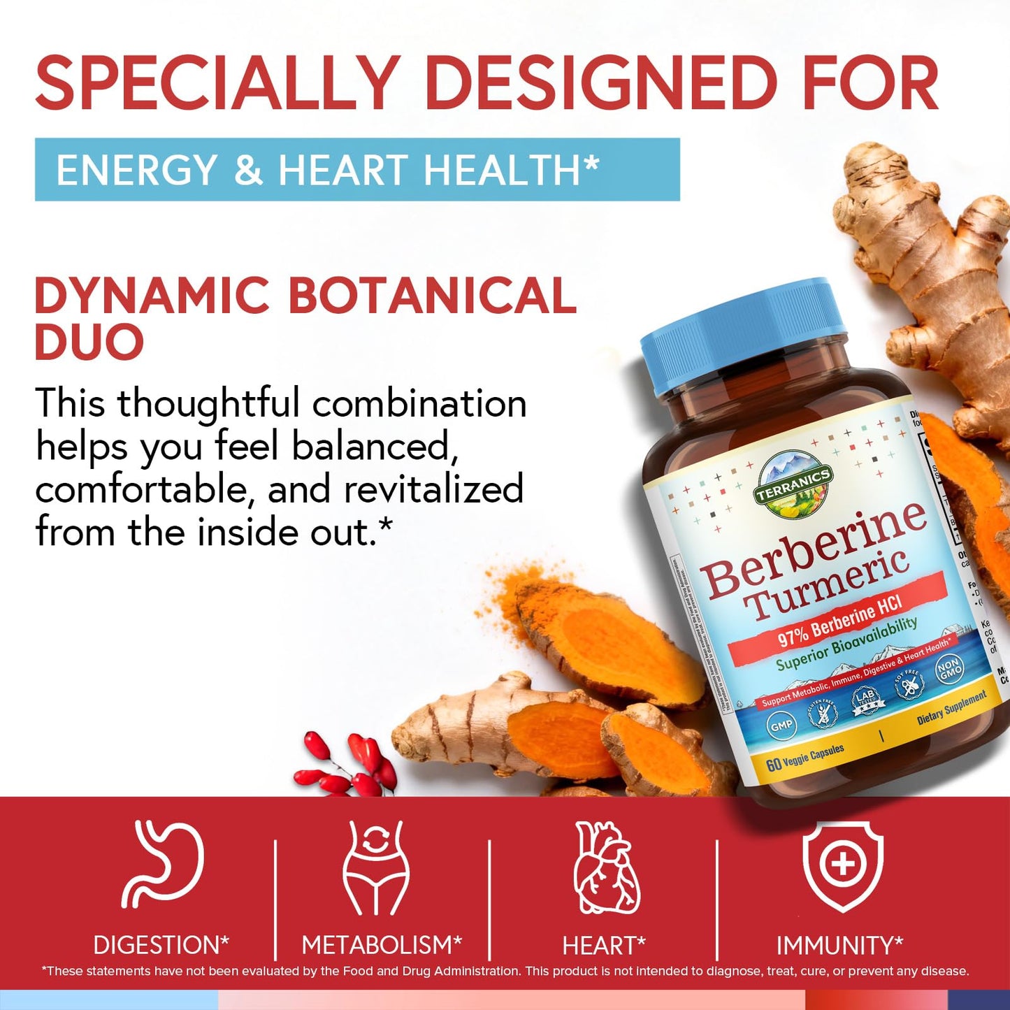 Terranics Berberine HCl 200 mg Capsule with Turmeric for Digestion, Immunity & Heart Function, Vegan, Non-GMO, 60 Capsules