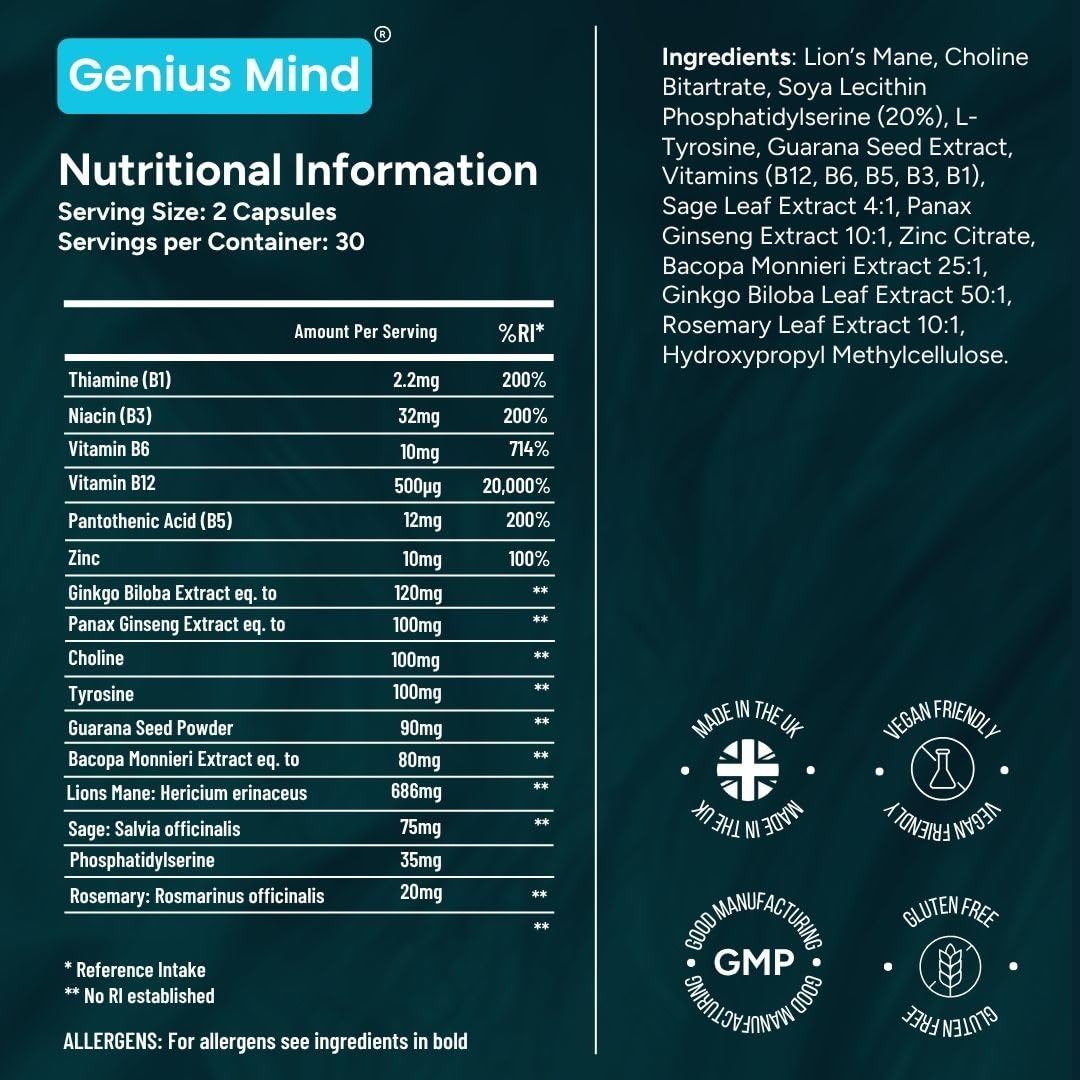 JustFloow Genius Mind Nootropic Brain Supplement Capsule 60 Count