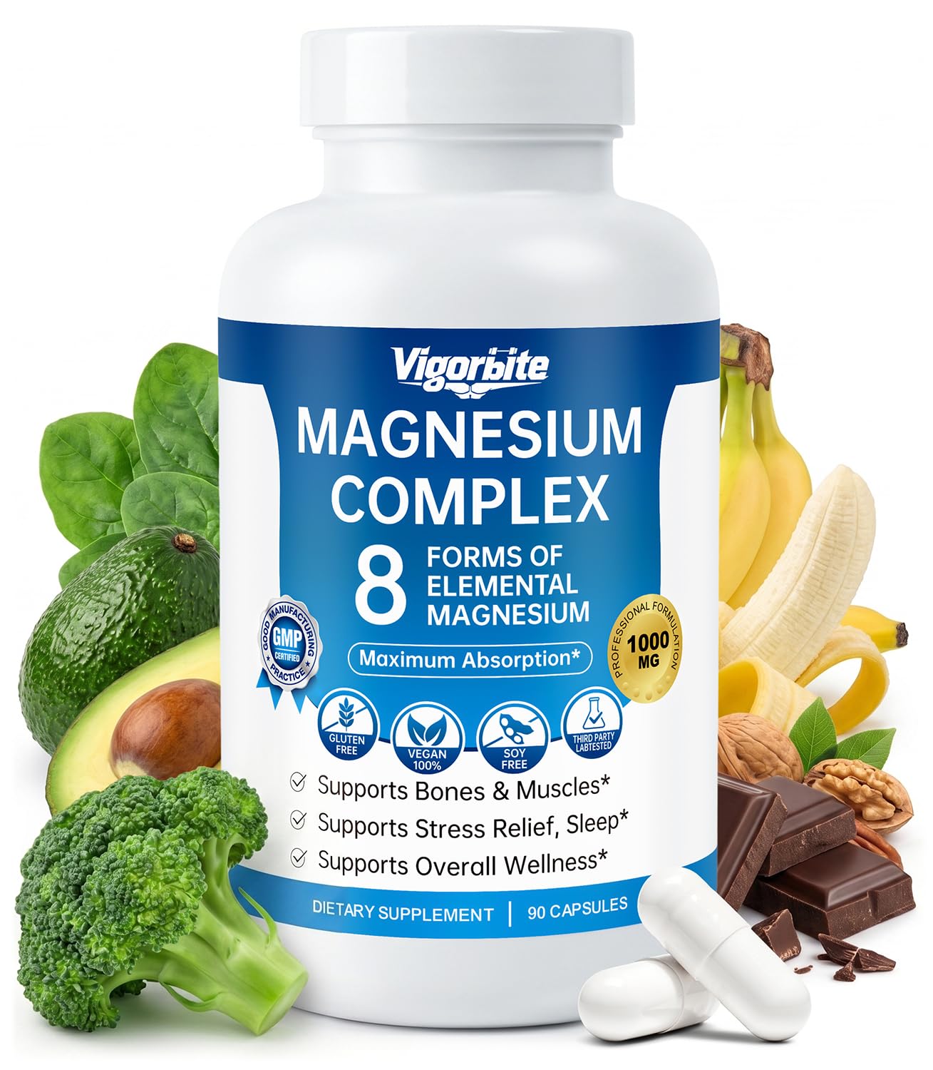 Vigorbite 8-in-1 Magnesium Glycinate Complex Citrate Malate Taurate 1000mg Capsule, 90 Capsules