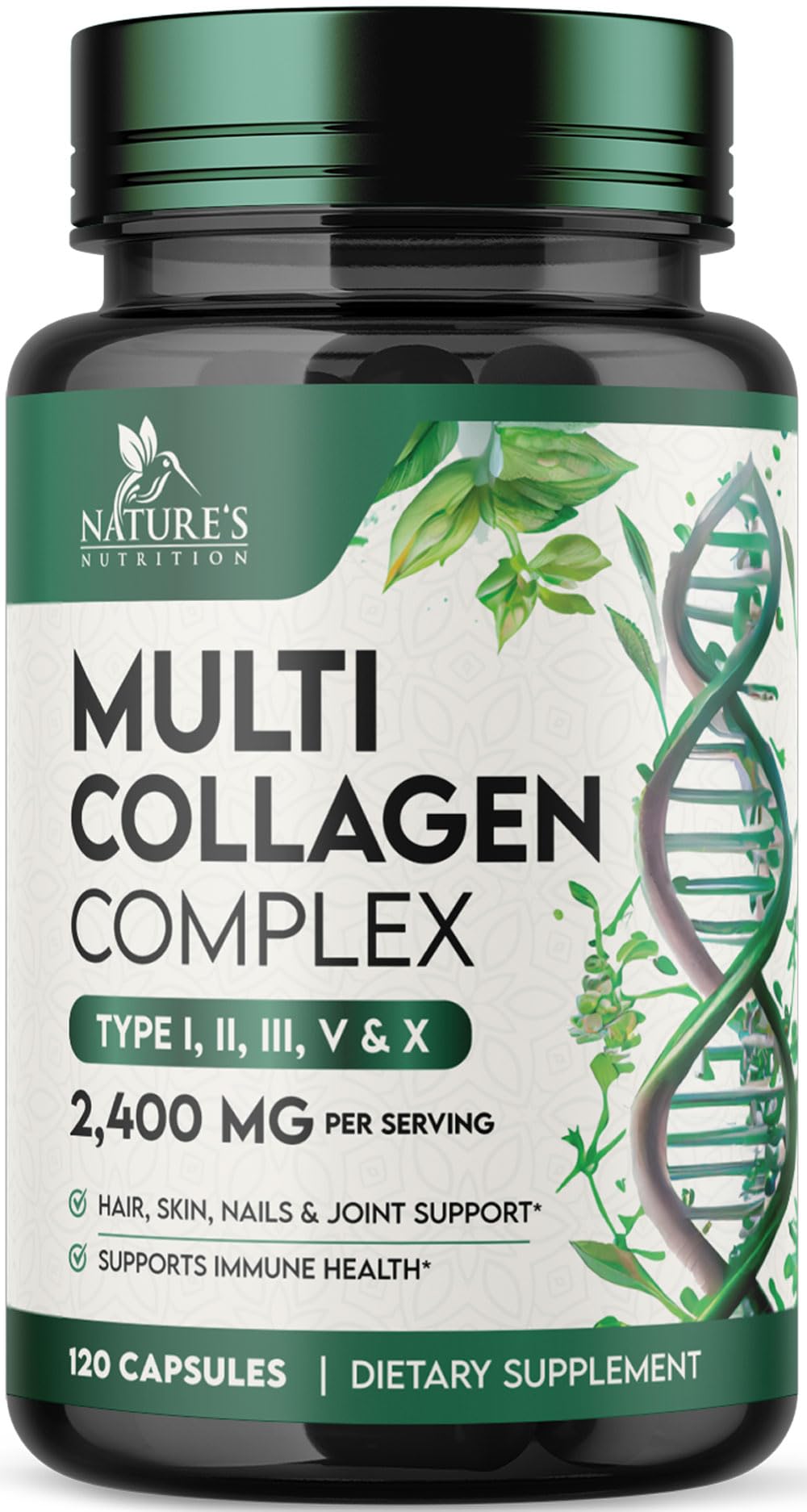 Nature's Nutrition Multi Collagen Capsules Hydrolyzed Collagen Peptides for Women & Men, Types I, II, III, V, X, Hair, Skin & Nails Support, Bottled in the USA, 120 Capsules