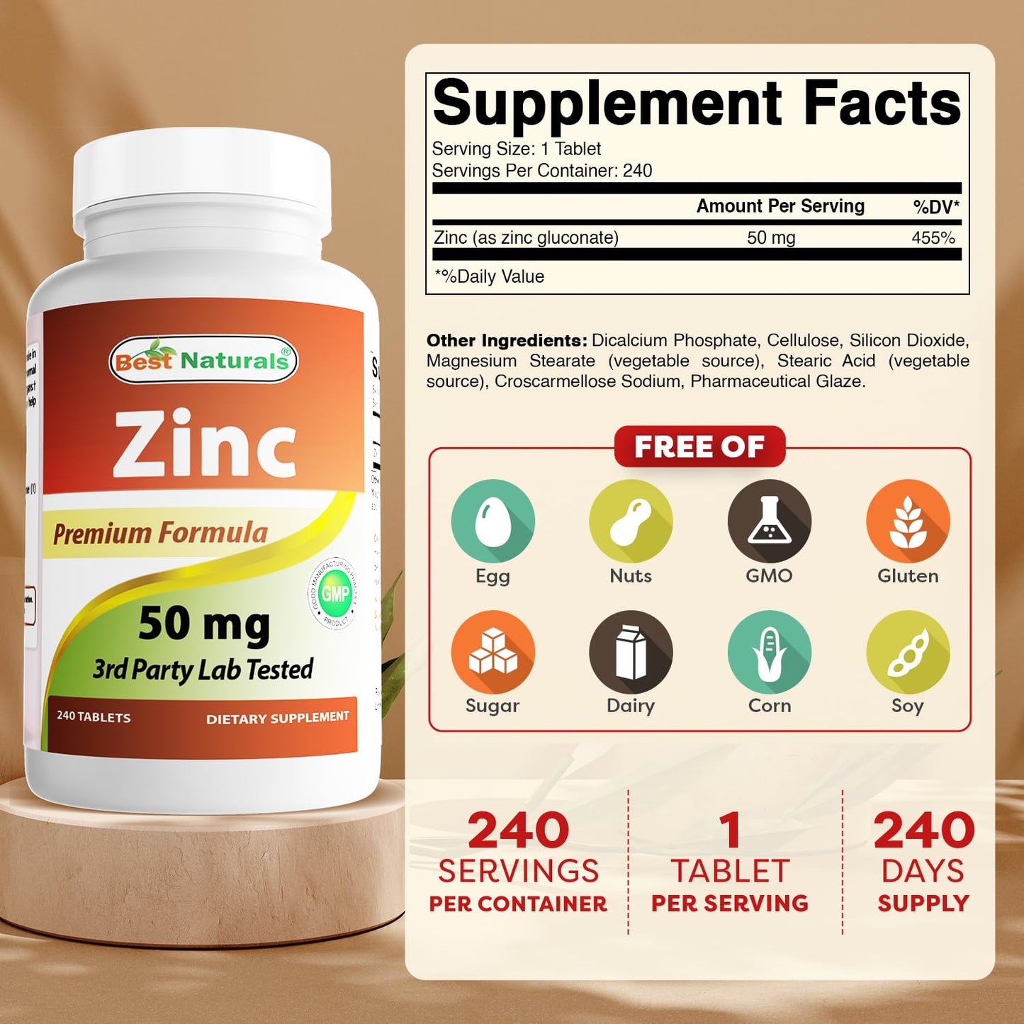 Best Naturals Zinc Gluconate 50mg Supplement 240 Tablets