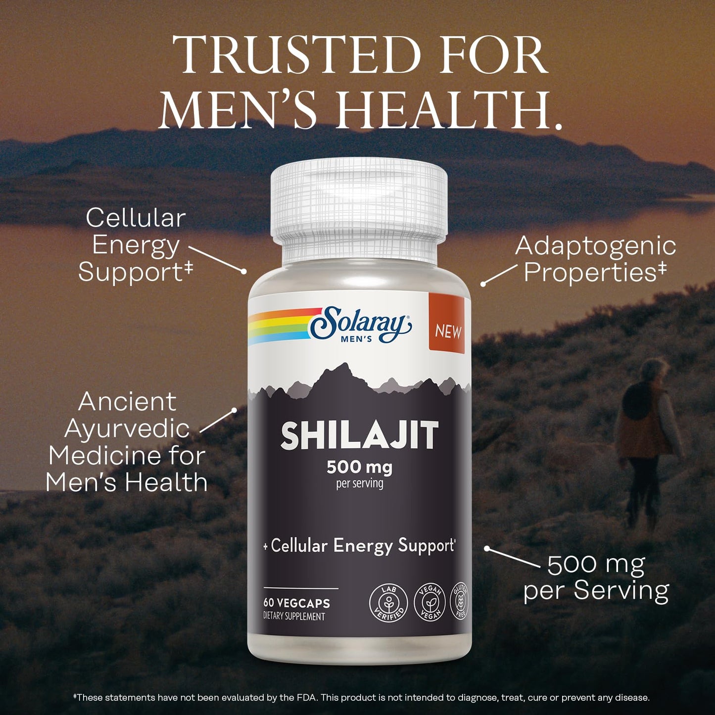 SOLARAY Shilajit 500 mg, PrimaVie (R) Himalayan Shilajit for Men, Capsules, 60 Count