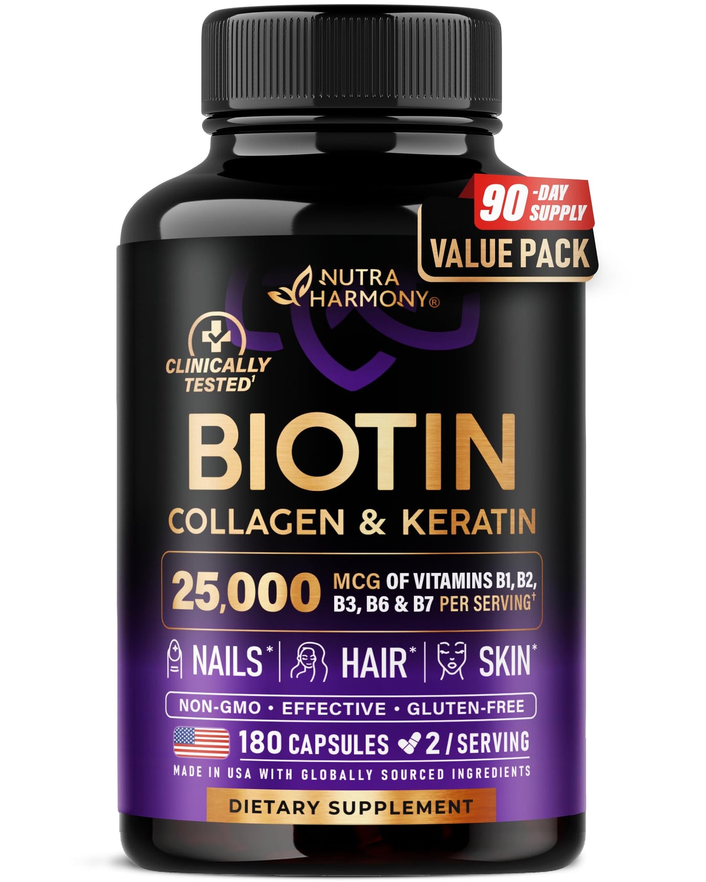 NUTRAHARMONY Biotin Collagen Hyaluronic Acid Keratin - Hair, Skin & Nails Support - Clinically Tested - 25000mcg Vitamins B1, B2, B3, B6 & B7 - For Women & Men - 180 Capsules