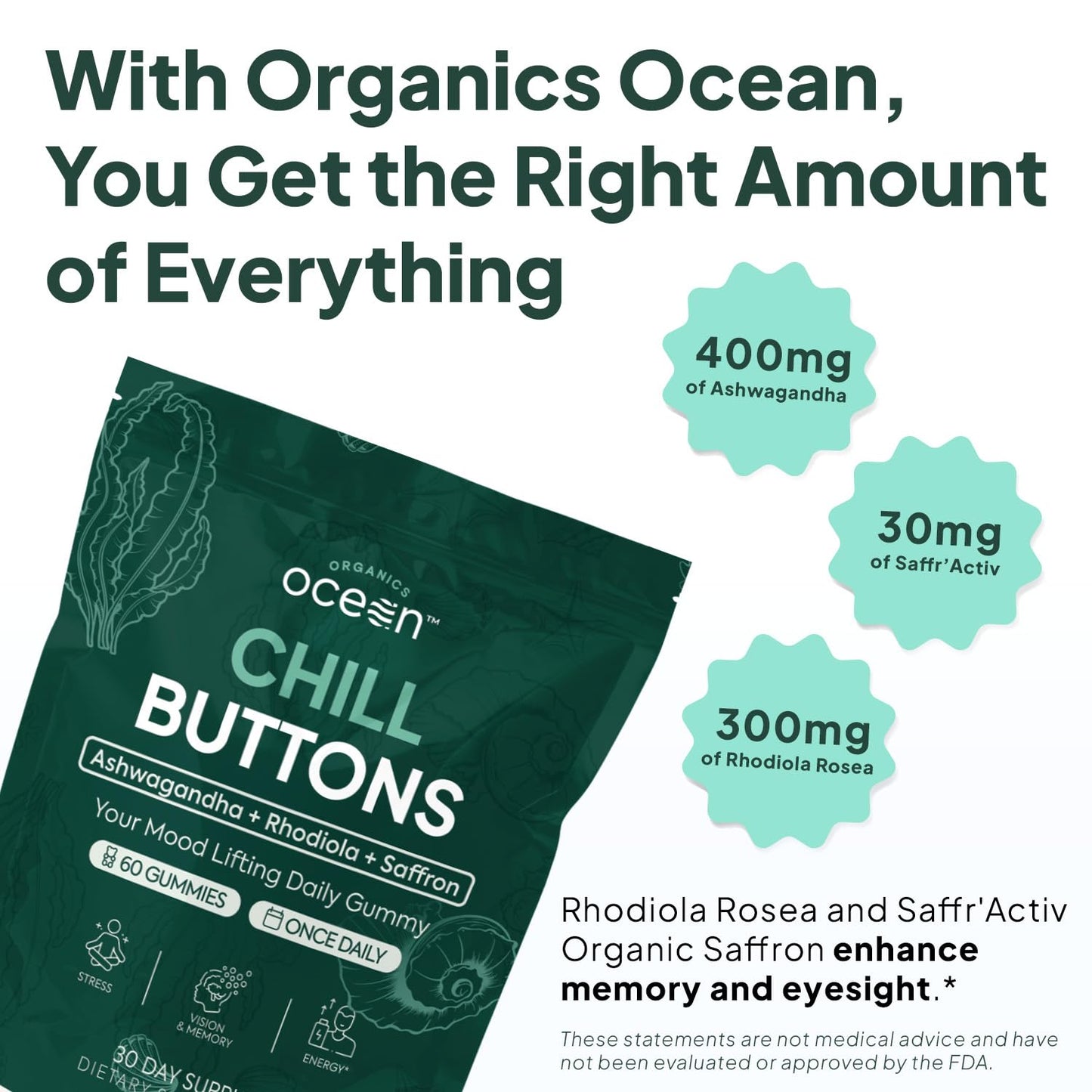 Organics Ocean Chill Buttons Natural Ashwagandha Gummy Supplement with Organic KSM-66, Saffron & Rhodiola Rosea – Supports Relaxation, Mood, Focus & Energy, 90 Count