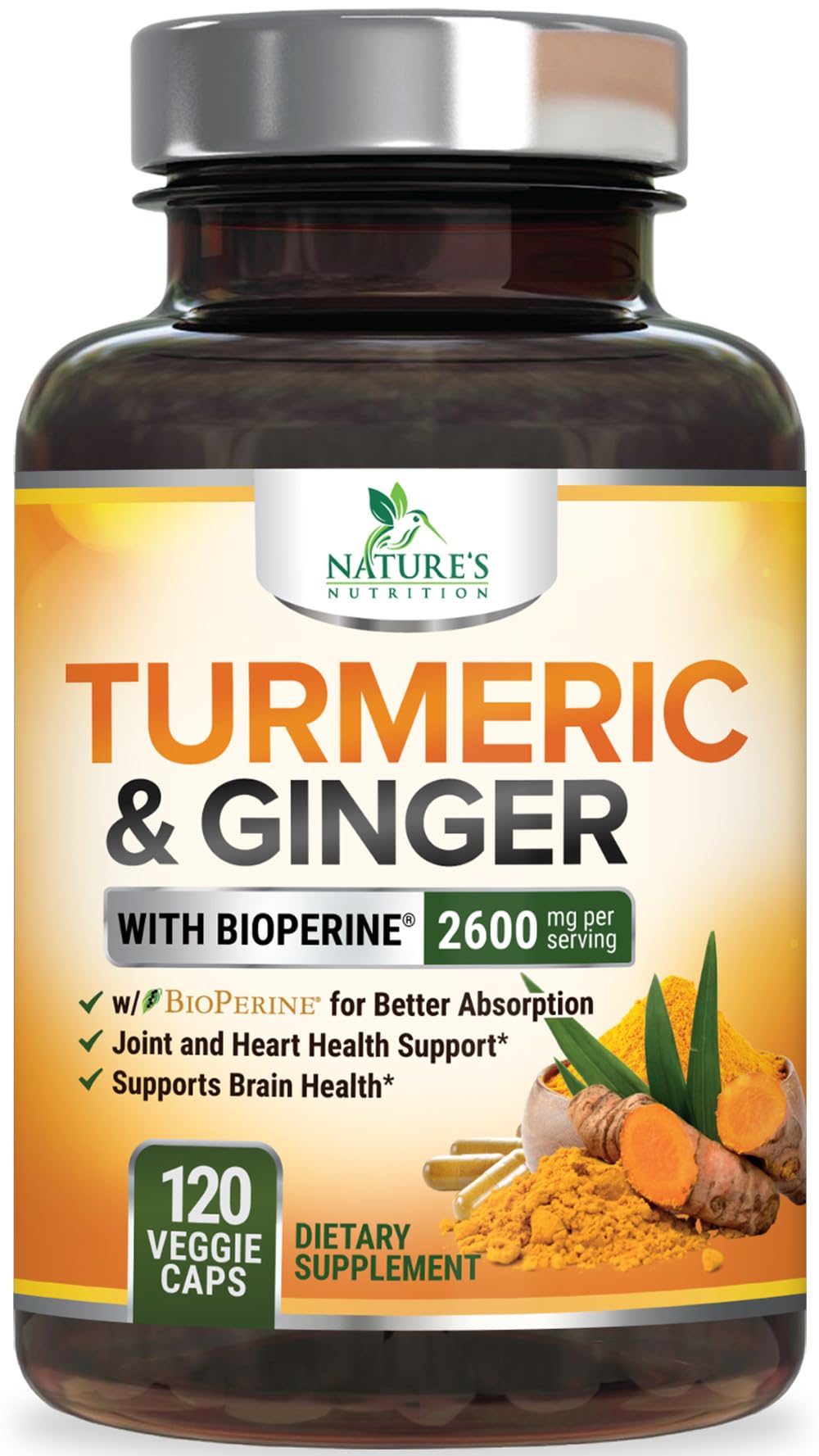 Nature's Nutrition Turmeric Curcumin Supplement - 2000mg Organic Turmeric Per Serving - 95% Curcuminoids, Ginger & BioPerine Black Pepper for Best Absorption - Natural Vegan Joint Support, Capsule, 120 Count