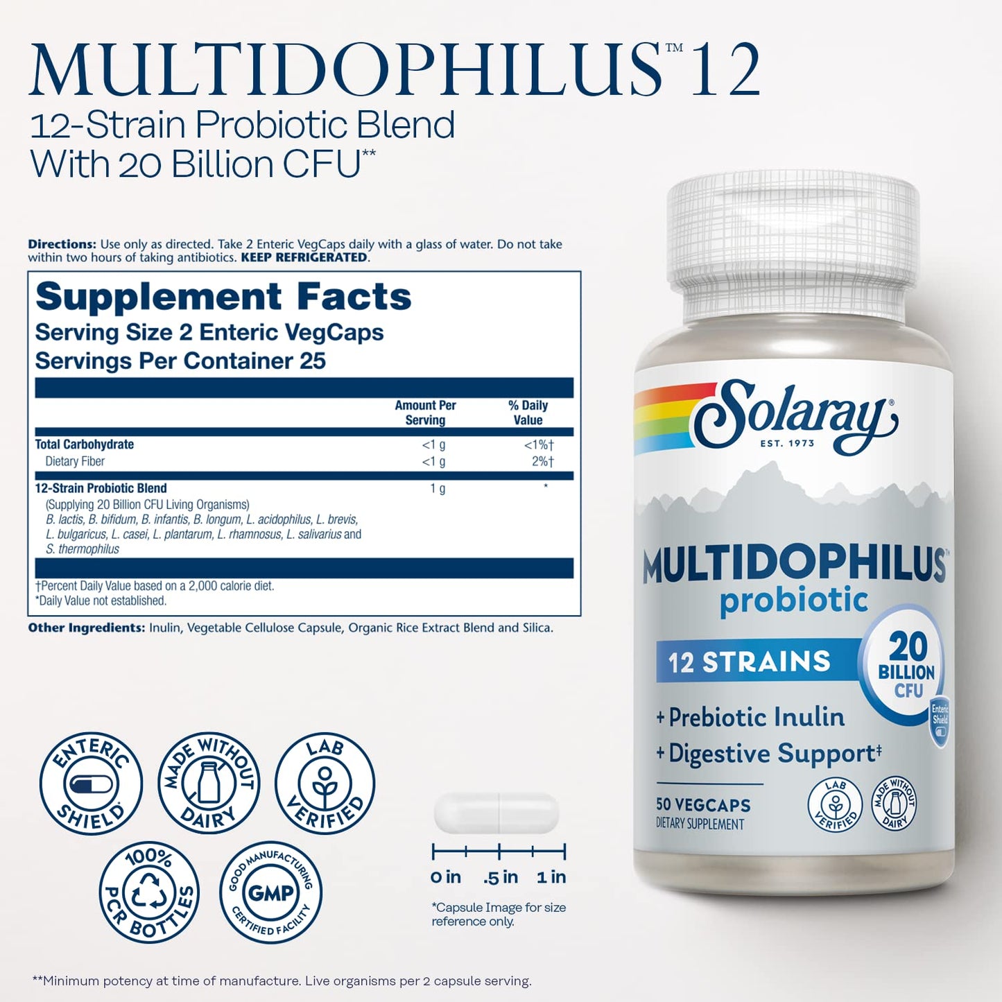 Solaray Multidophilus 12 Strain Probiotic 20 Billion CFU with Prebiotic Inulin Capsules, 50 Count
