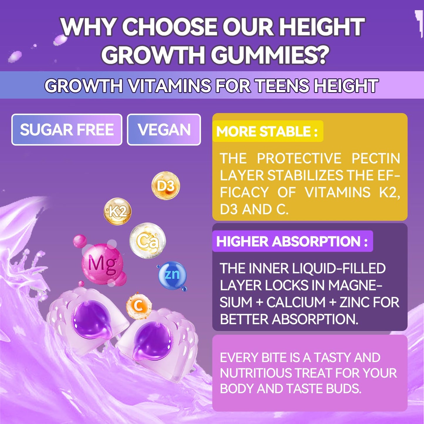 Crasye Height Growth Gummies for Kids & Teens Support Bone Strength and Immunity, 60 Count