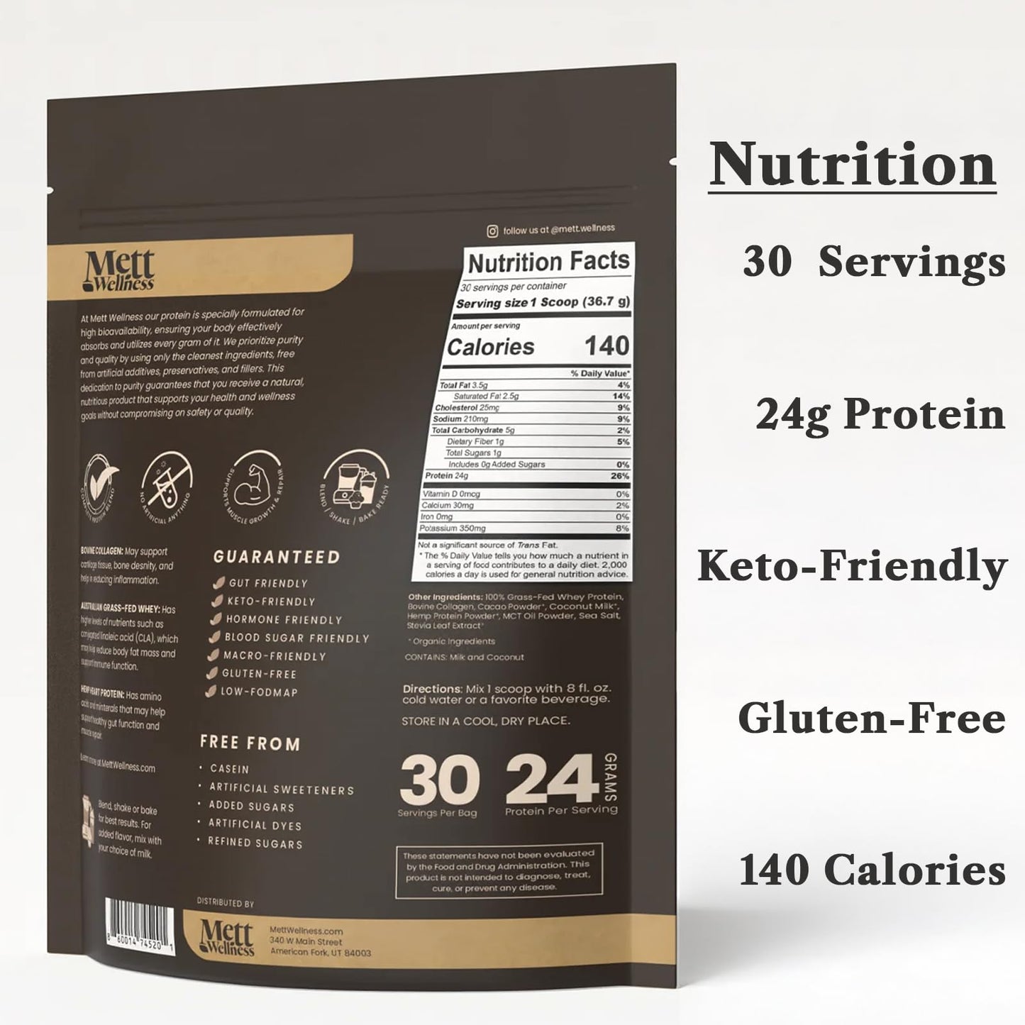 Mett Wellness Dark Chocolate Grass-Fed Whey + Hemp Heart Protein Powder with Bovine Collagen, 2.4 lb (30 Servings)