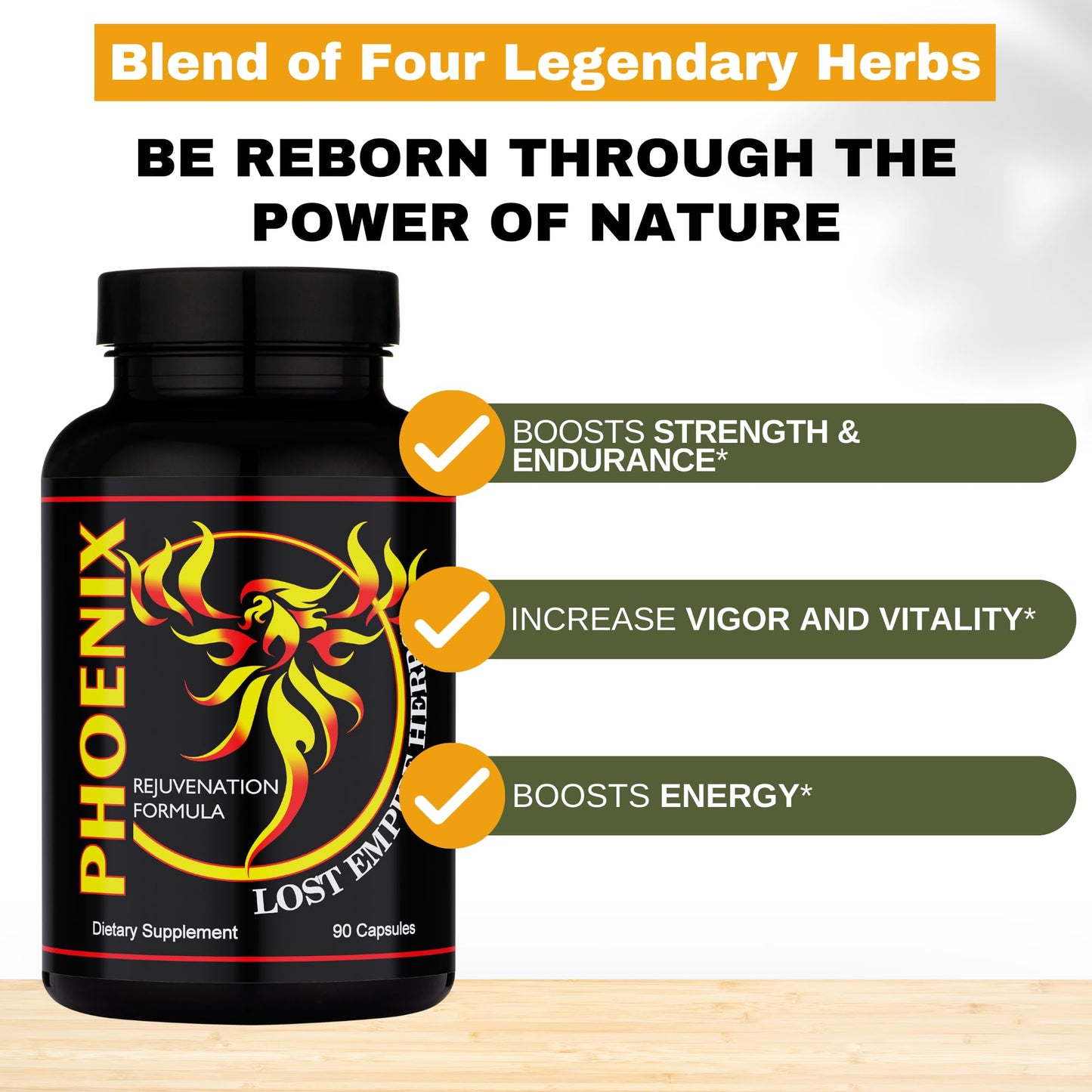 Lost Empire Herbs Phoenix Rejuvenation Formula Energy Blend of 4 Natural Health Herbs Pine Pollen, He Shou Wu, Ant, and Shilajit Capsules, 90 Count