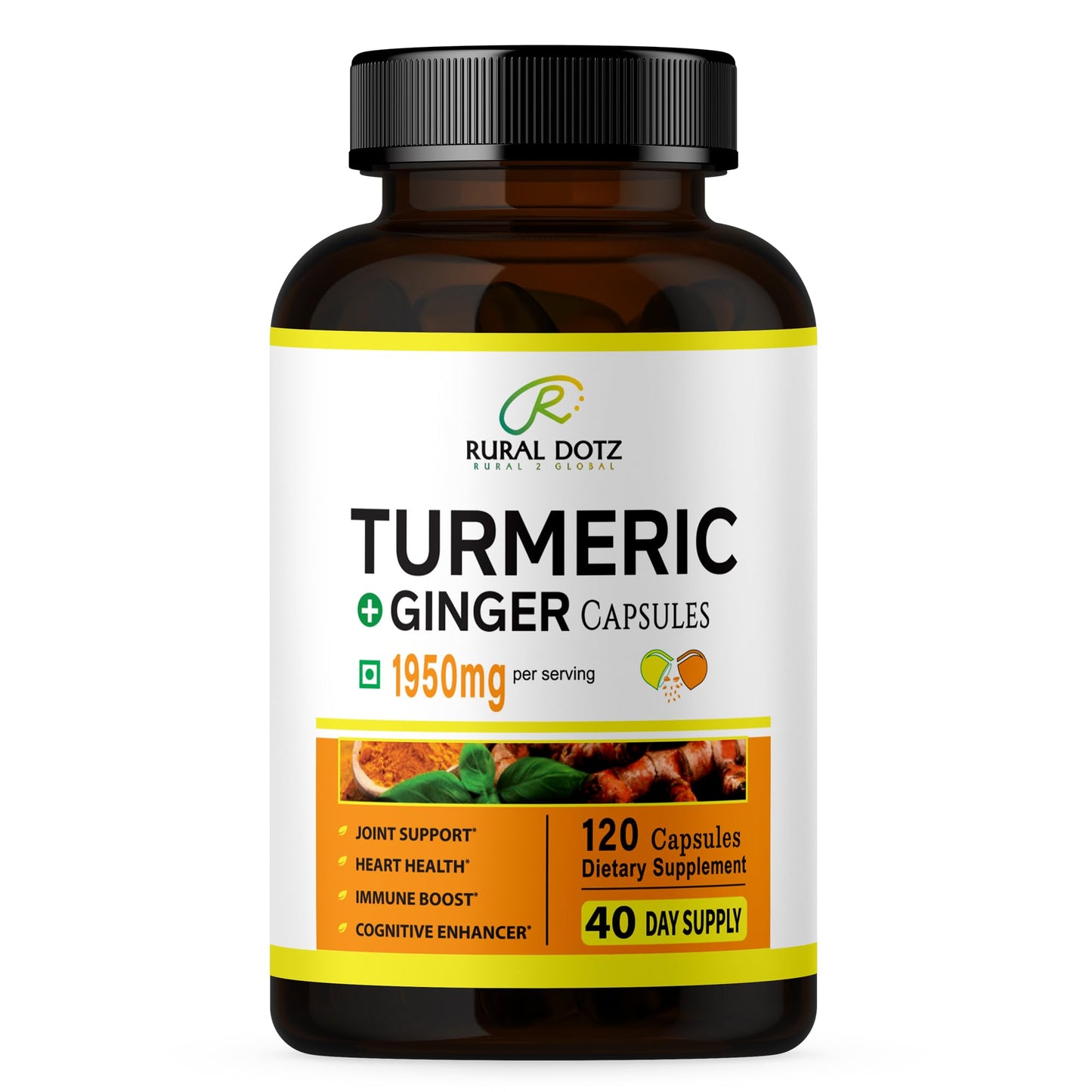 Rural Dotz Turmeric Curcumin Supplement 1950mg with Turmeric & Ginger, 95% Curcuminoids, Black Pepper for Absorption Capsule 120 Count