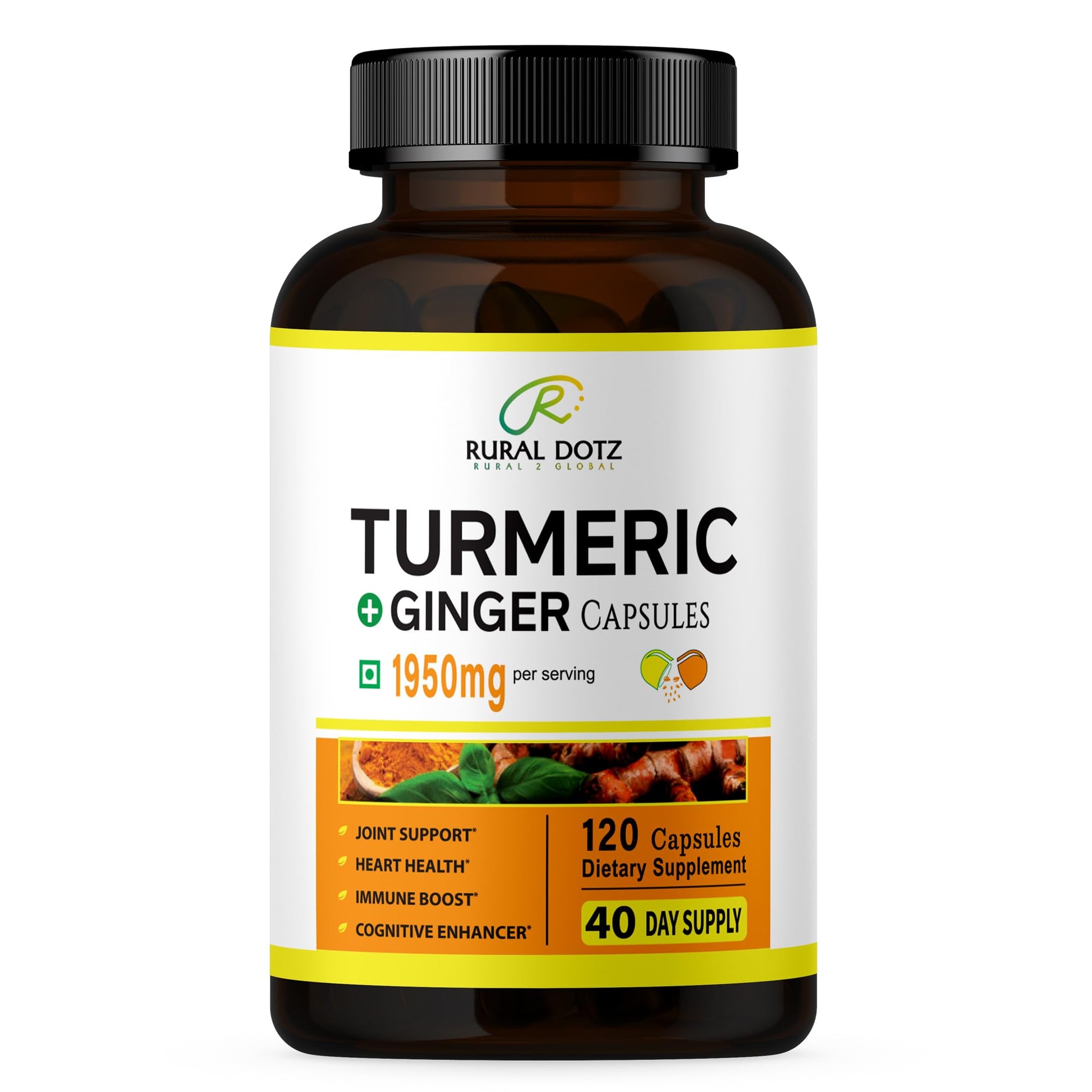 Rural Dotz Turmeric Curcumin Supplement 1950mg with Turmeric & Ginger, 95% Curcuminoids, Black Pepper for Absorption Capsule 120 Count