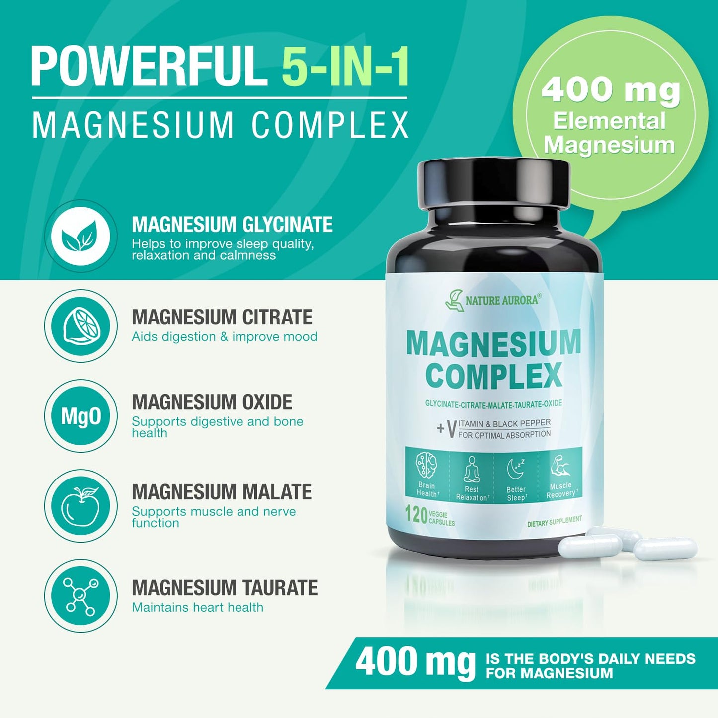 Nature Aurora Magnesium Complex Supplement Capsules 120 Count