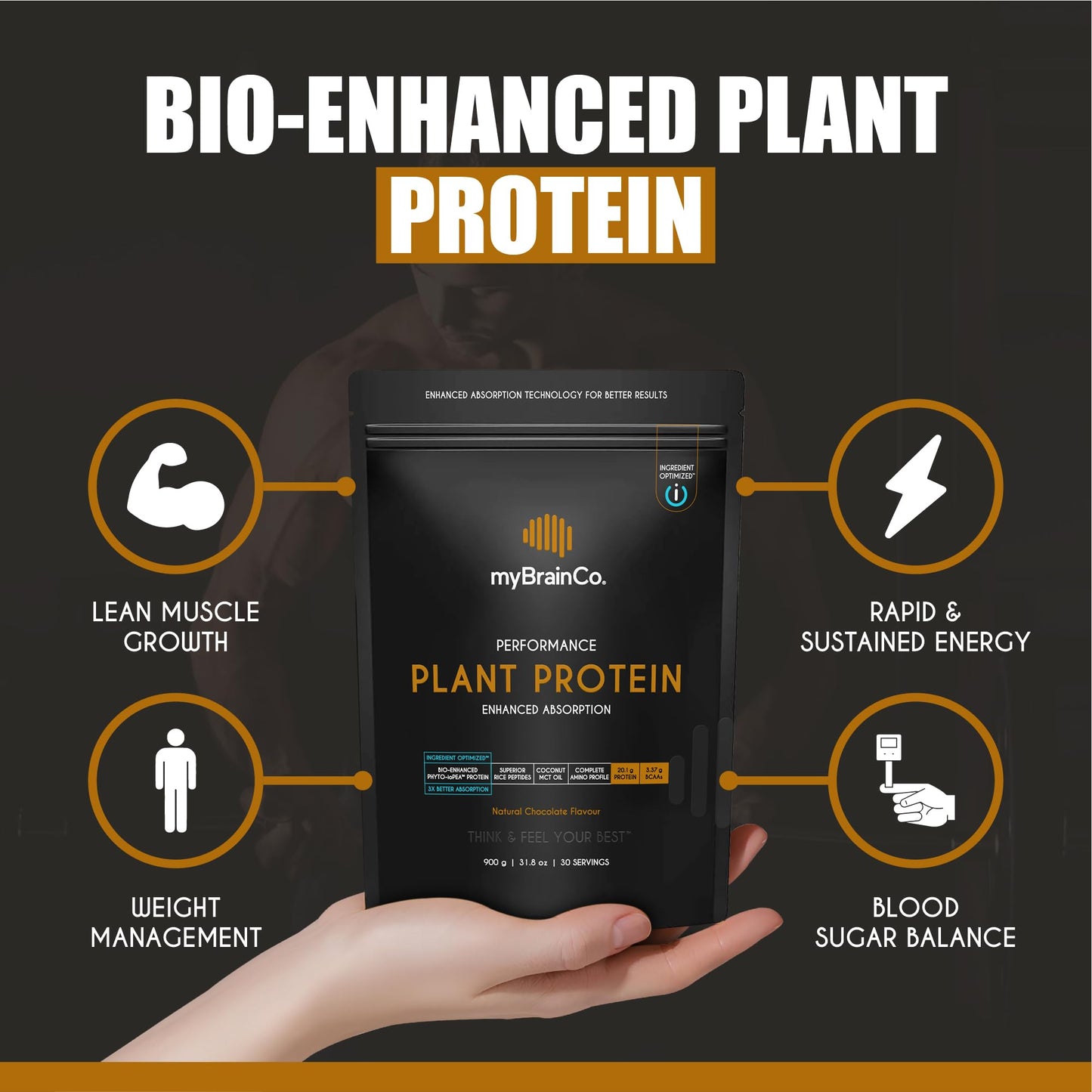 myBrainCo. Bio-Optimized Plant Protein Powder, 15.9 oz, Natural Chocolate
