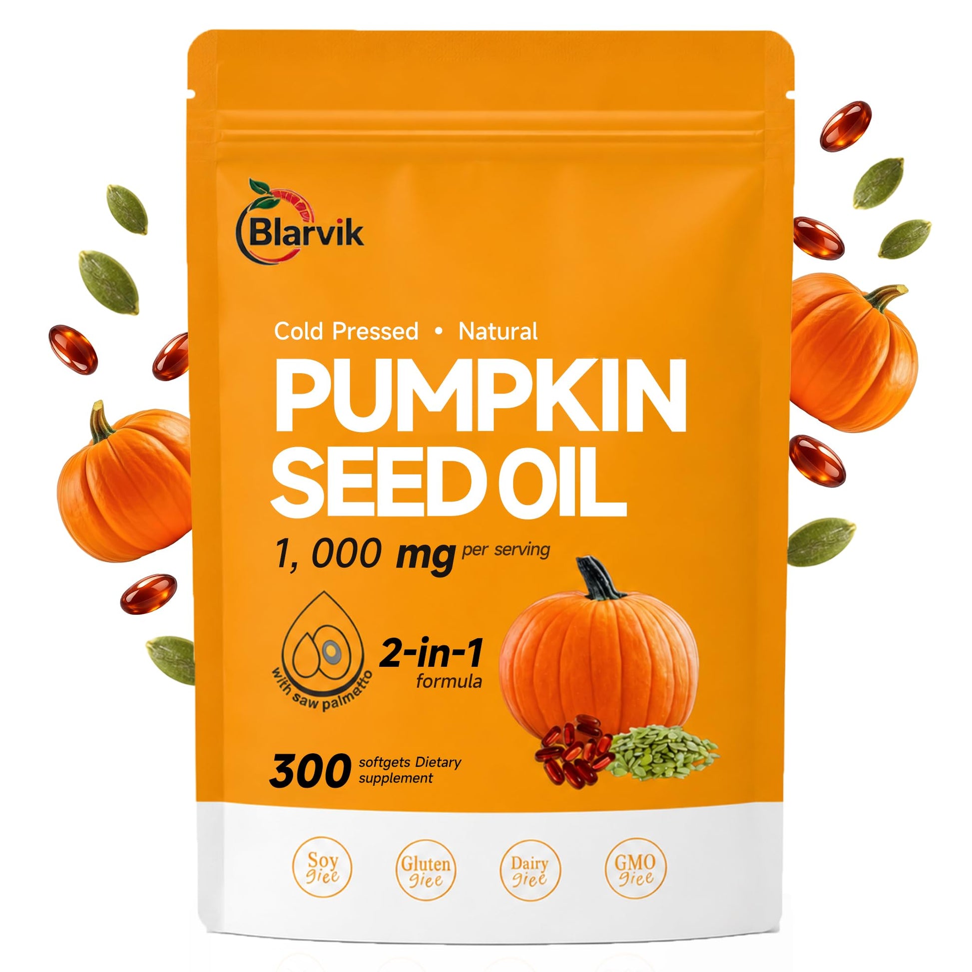 Blarvik Pumpkin Seed Oil with Saw Palmetto, 300 Capsules