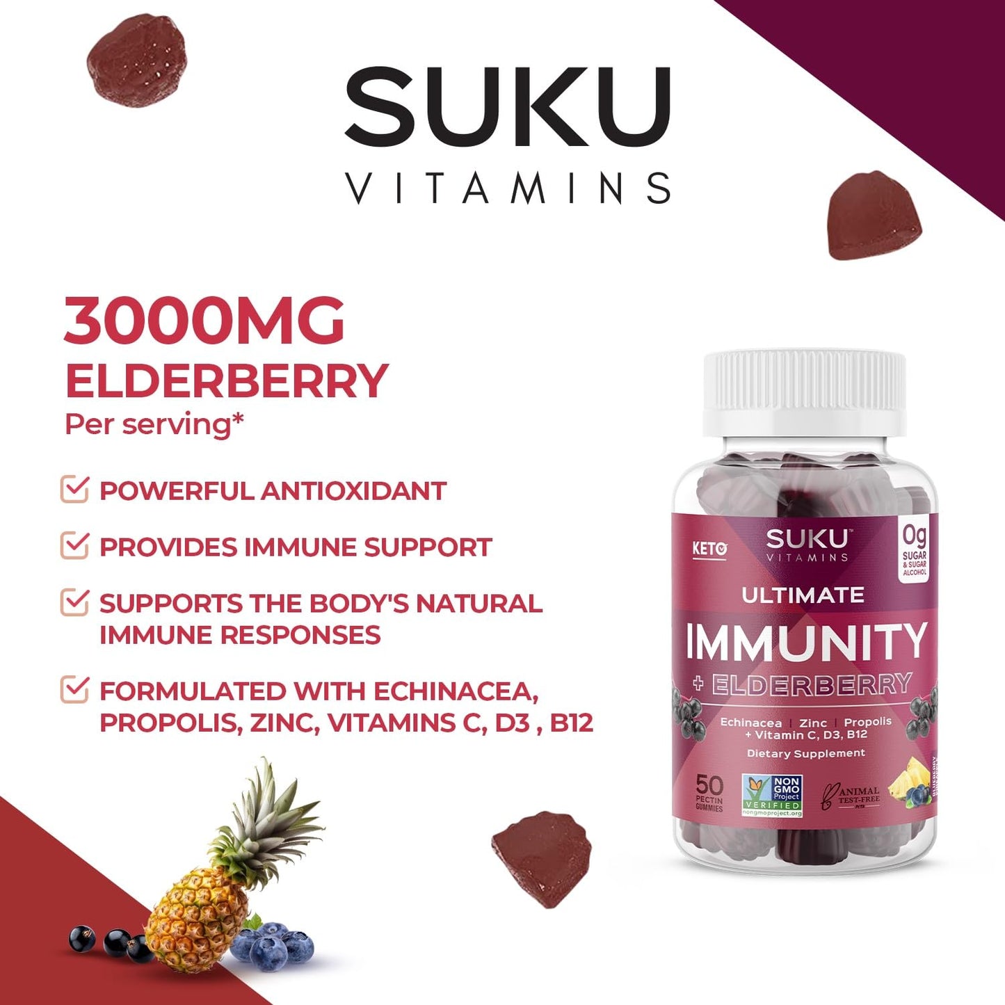 SUKU Ultimate Immunity Elderberry Echinacea and Propolis Gummies, Gummy, 50 Count