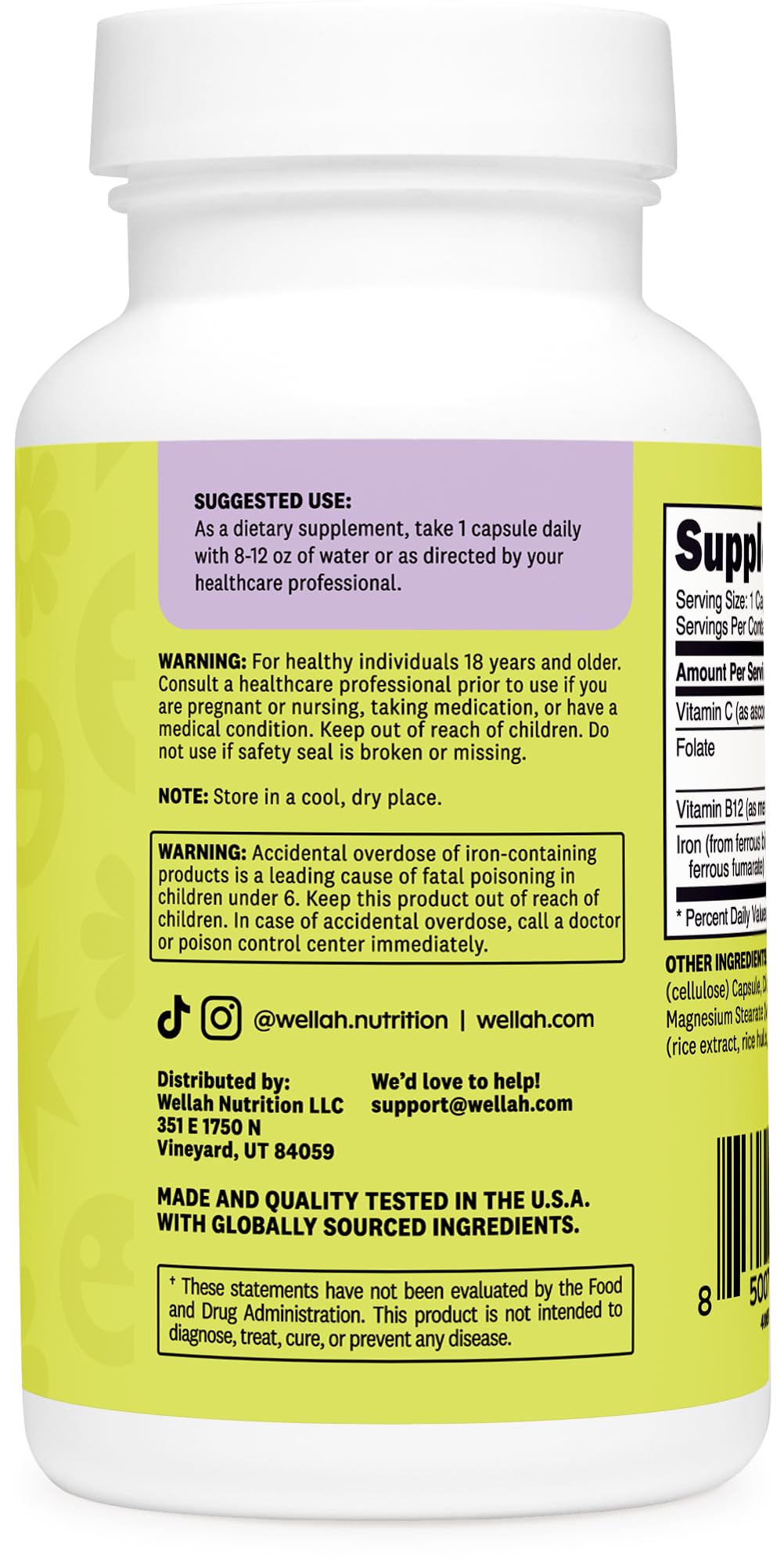 Wellah Iron Supplement for Women 65mg Capsules, 180 Count