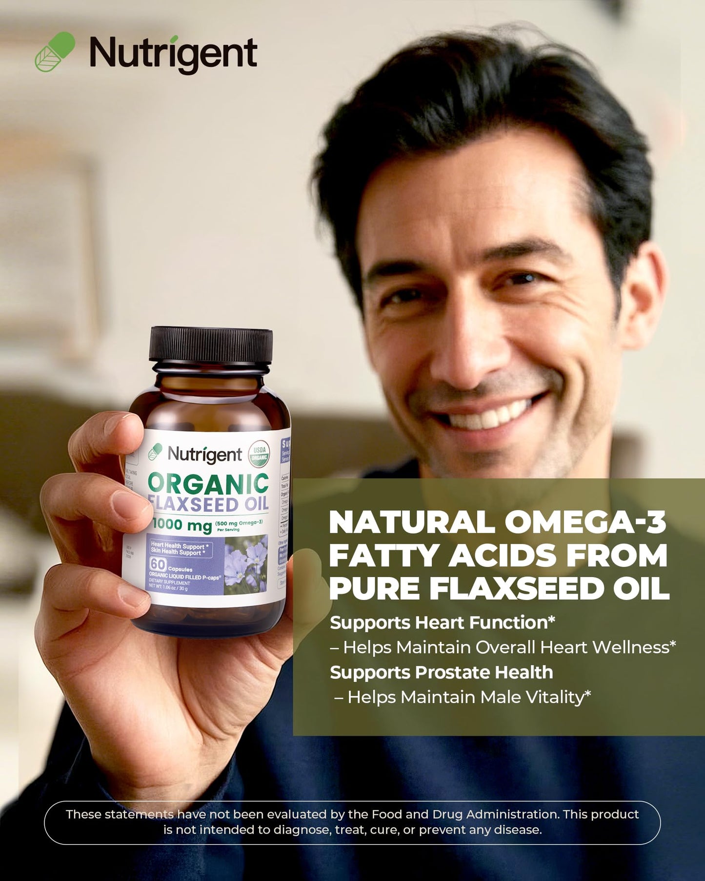 Nutrigent USDA Organic Flaxseed Oil 1000mg Plant-Based Liquid Capsules, 60 Capsules