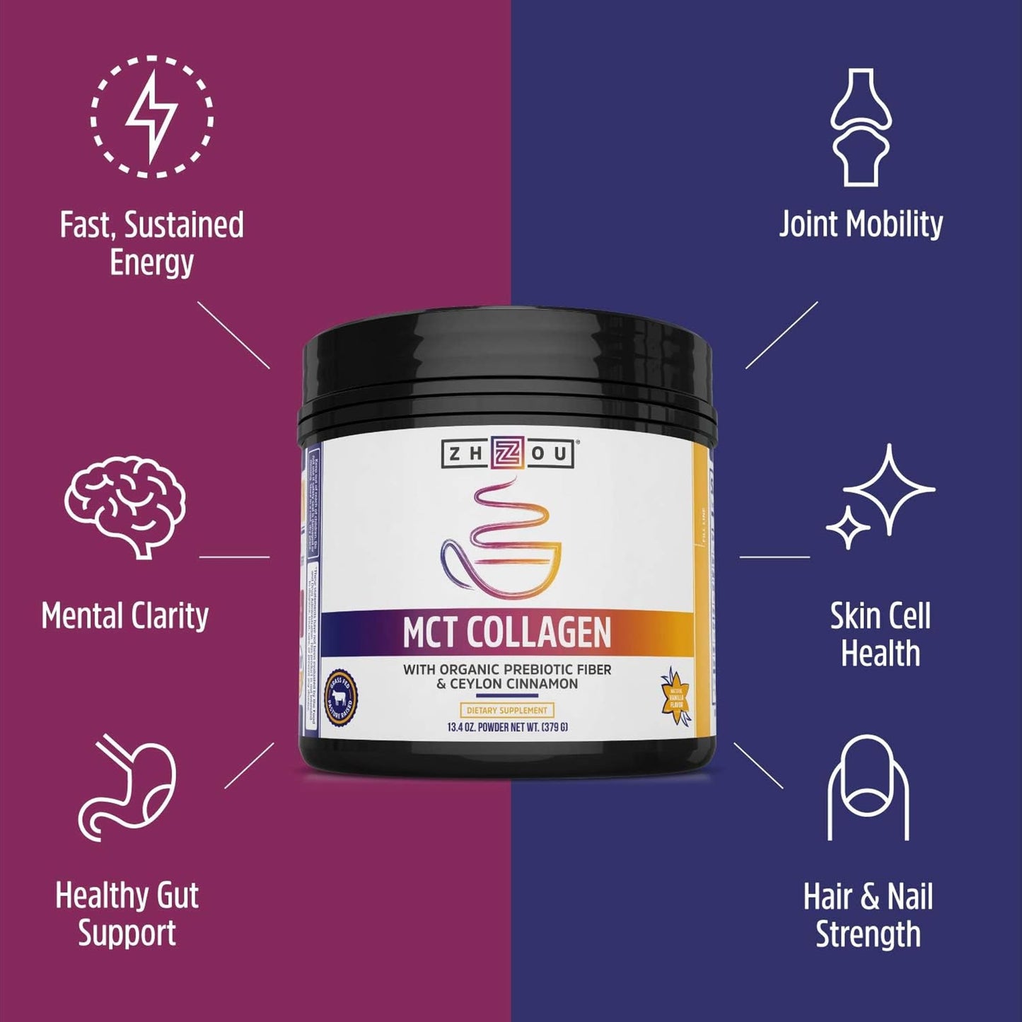 ZHOU MCT Flavored Collagen Peptides Powder for Women and Men, 13.4 oz