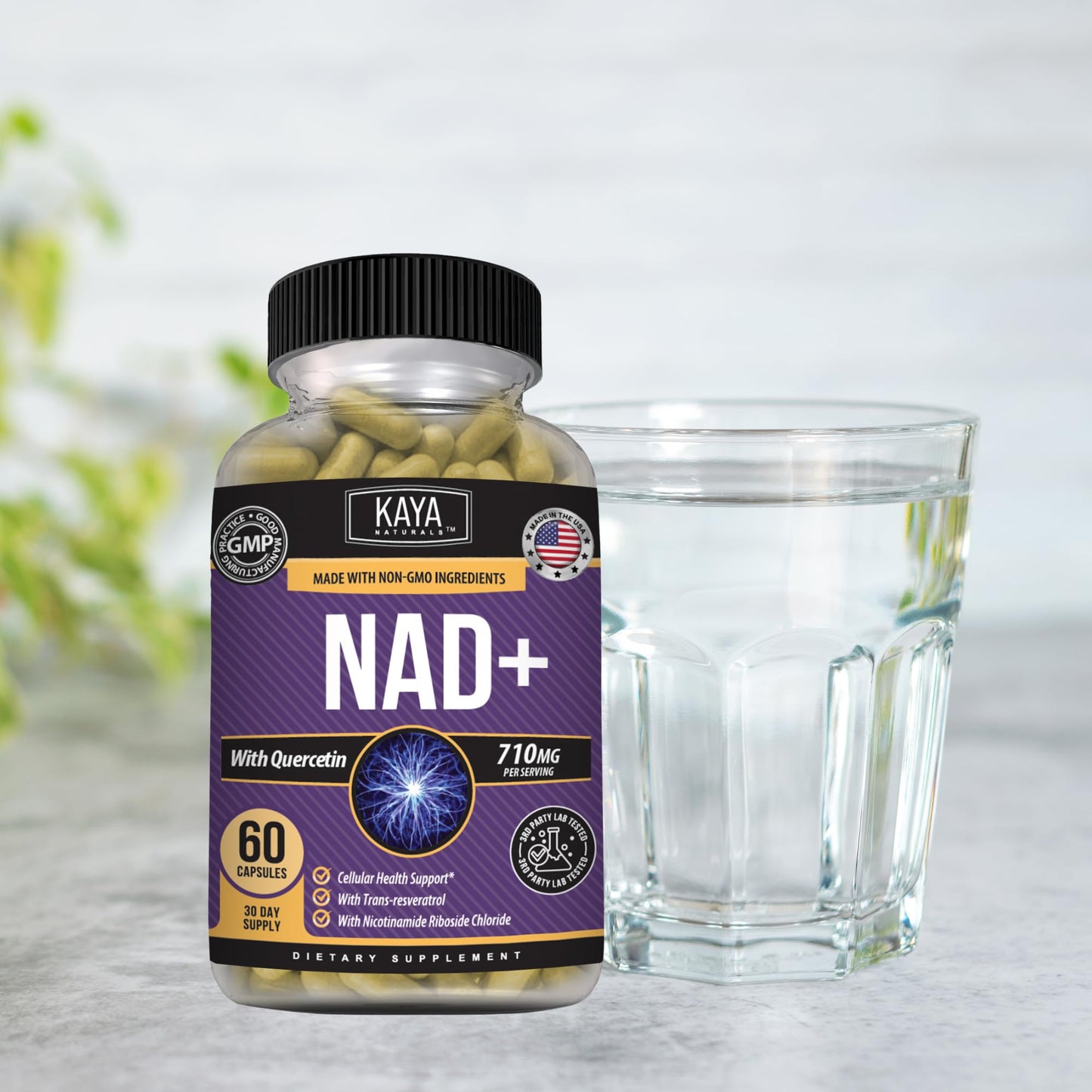Kaya Naturals NAD+ with Trans-Resveratrol 710mg per Serving Capsule, 60 Count
