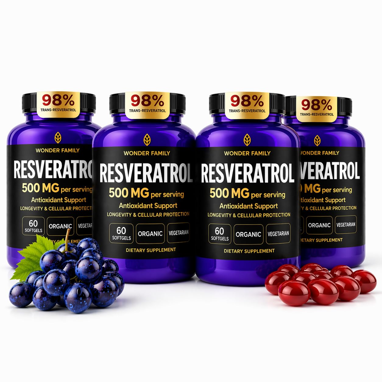 WONDER FAMILY Resveratrol Supplement 500mg – 98% Trans-Resveratrol Organic Complex Softgels 240