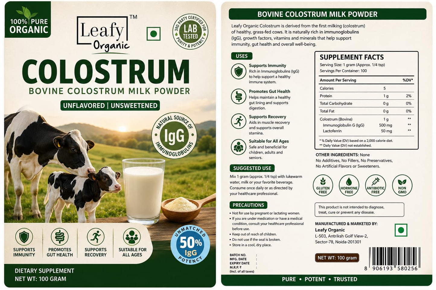 Leafy Organic Colostrum Powder Supplement, 3.5 oz