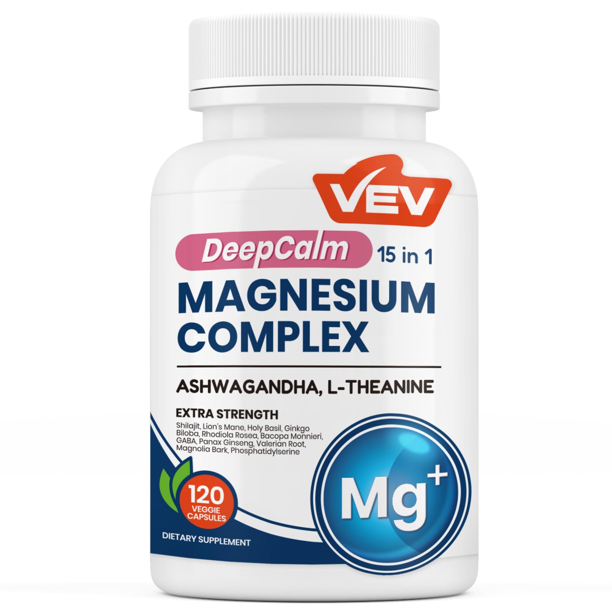 VEV DeepCalm 15-in-1 Magnesium Complex for Women & Men, Magnesium Supplement, Sleep Support, Glycinate & Citrate, Vegan Capsules with Ashwagandha & L-Theanine, 120 Capsules