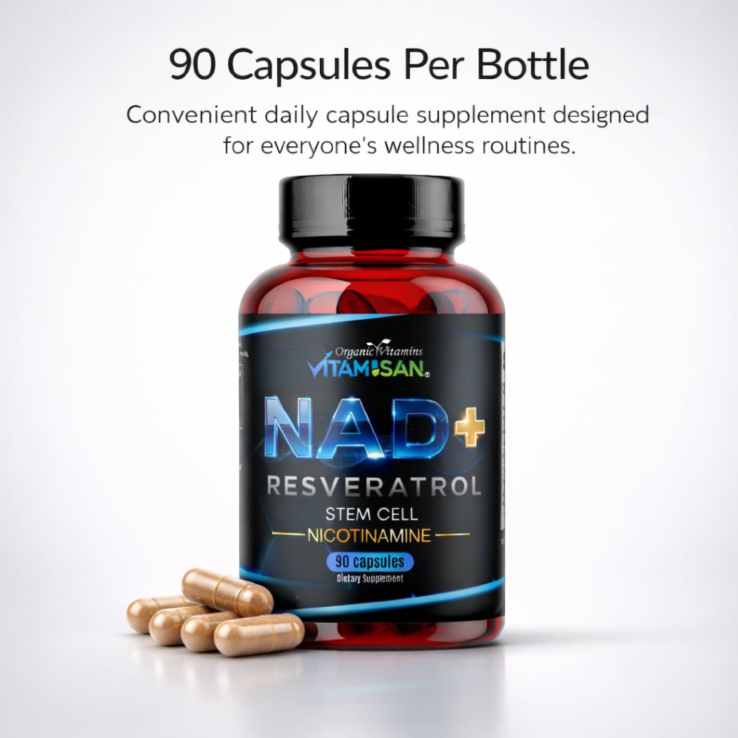 VITAMISAN NAD+ Resveratrol with NMN, NR & CoQ10 – Cellular Energy Support, Anti-Aging & Antioxidant Formula – Stem Cell & Nicotinamide Supplement, 90 Capsules