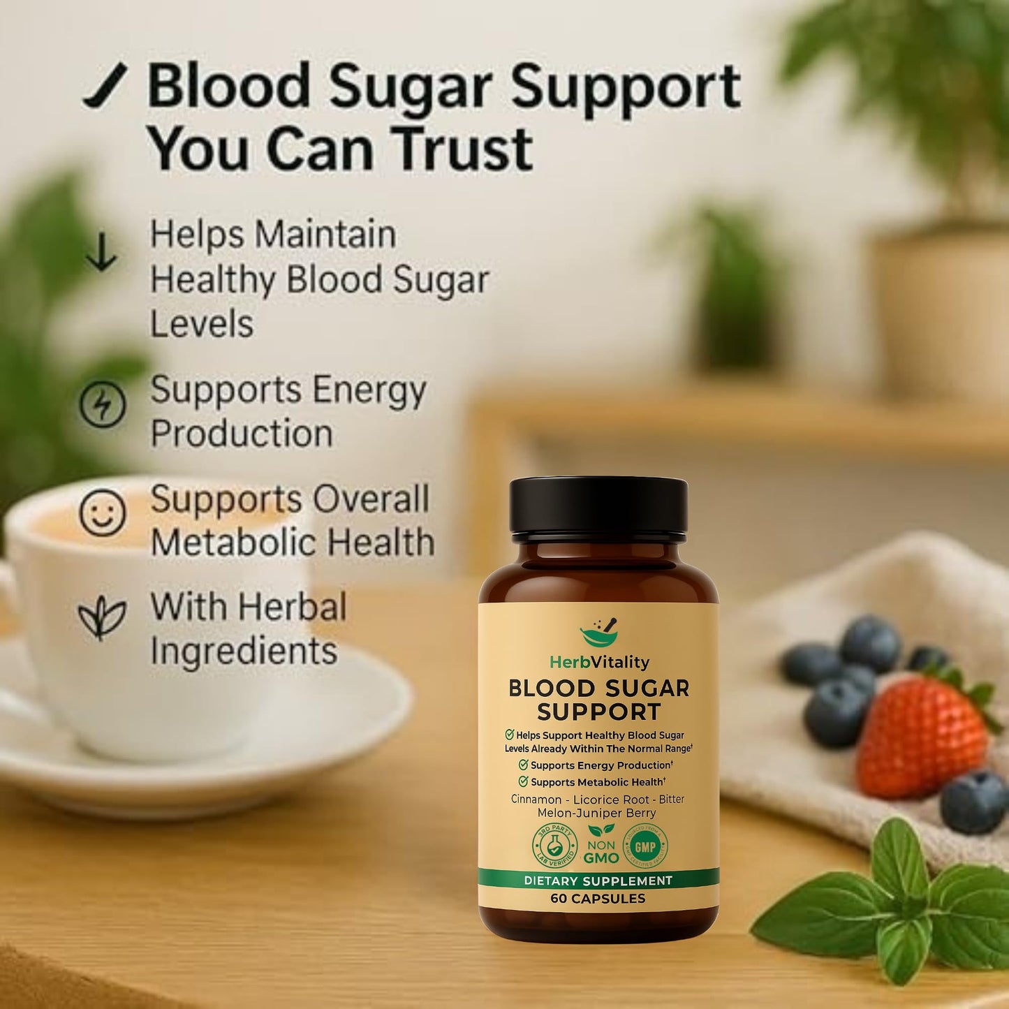 Herb Vitality Blood Sugar Support Supplement with Cinnamon & Bitter Melon Capsules, 60 Count