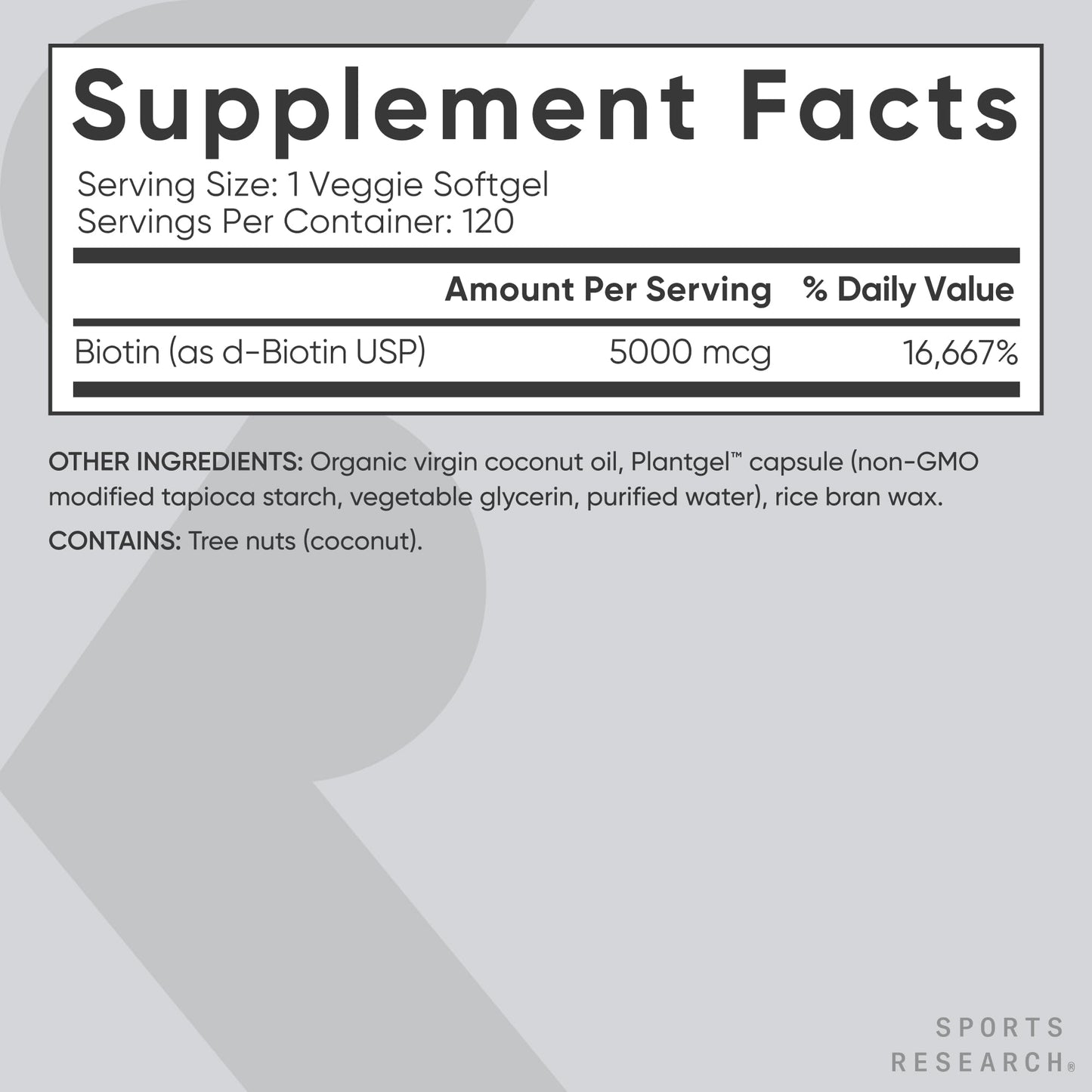 Sports Research Biotin 5,000mcg with Coconut Oil Softgel 120