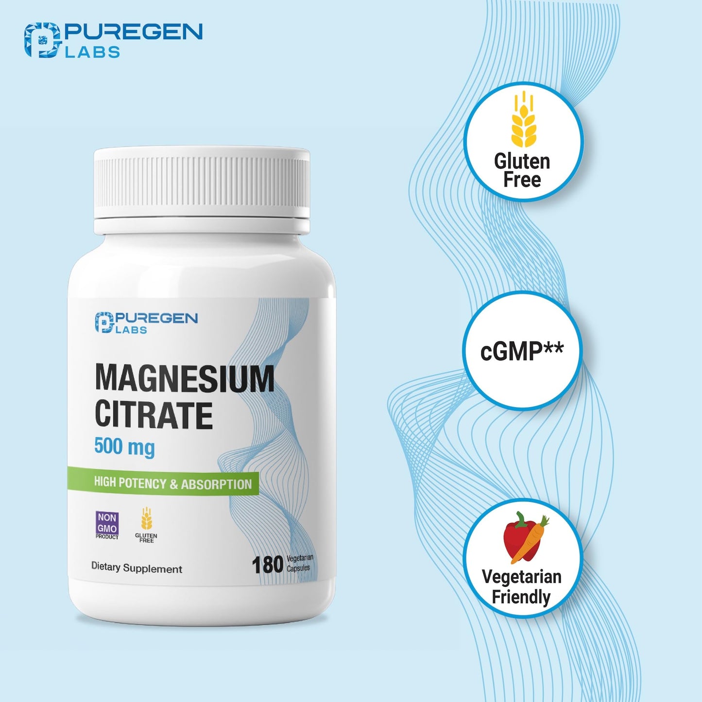 P Puregen Labs Magnesium Citrate 500 mg Capsules, 180 Count