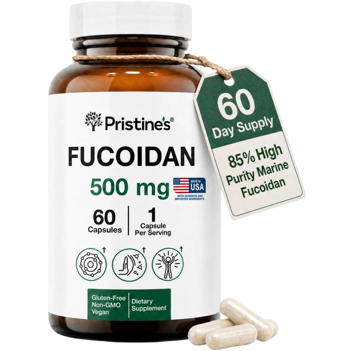 PRISTINE'S Fucoidan 500mg Brown Seaweed Extract Capsules, 60 Count