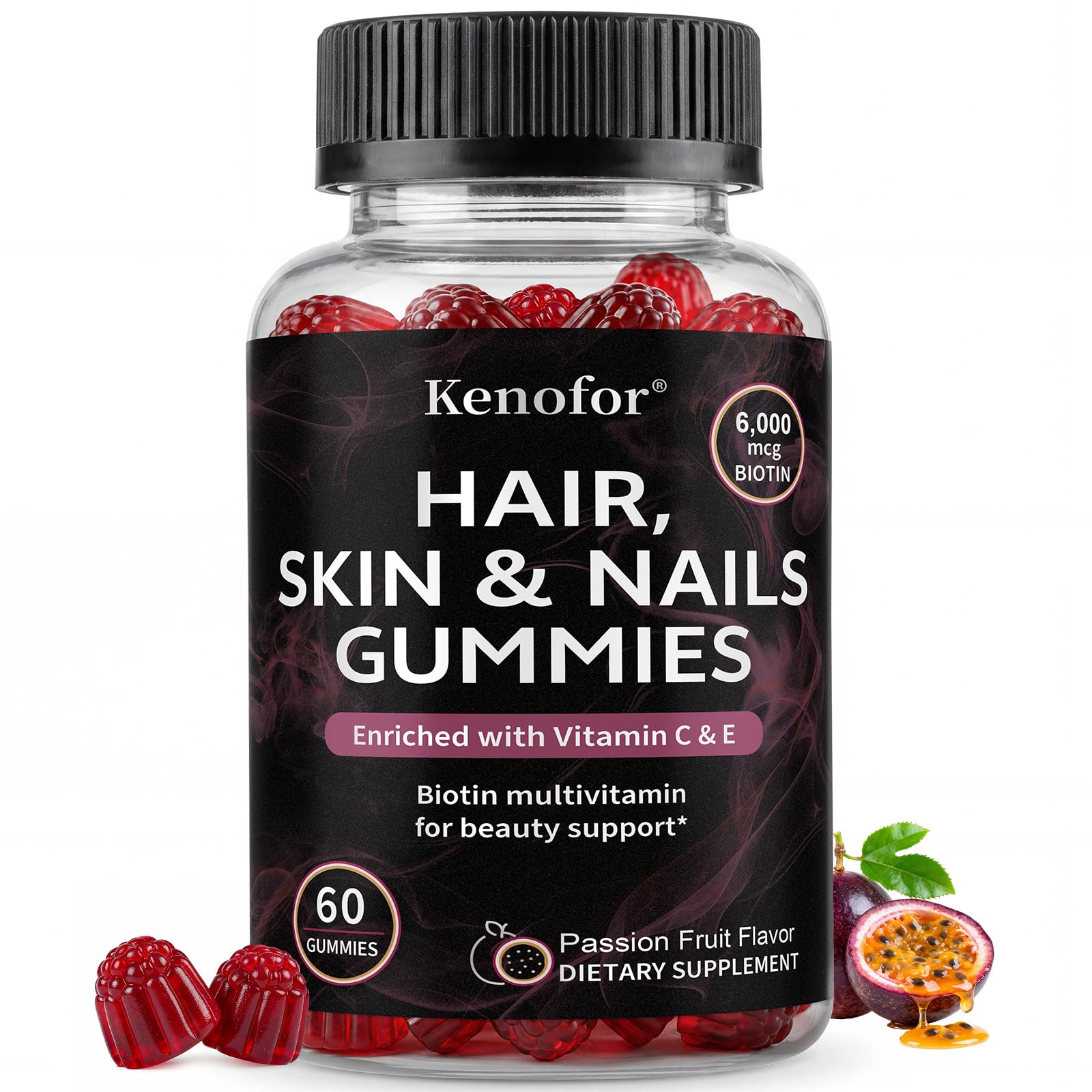 Kenofor Hair Skin and Nails Gummies with Biotin (6000 mcg), Zinc, Vitamin A, and Vitamin E, 60 Count