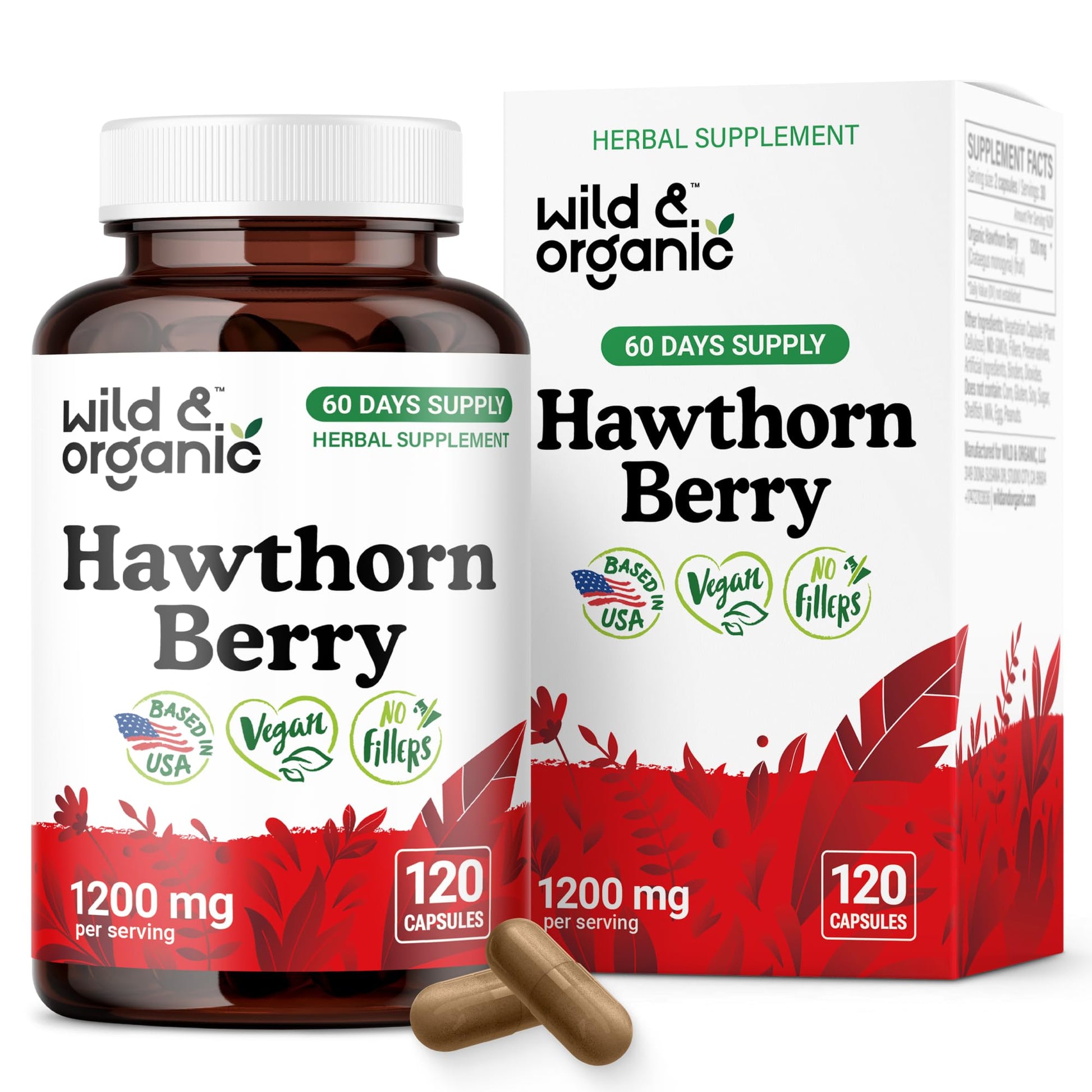 Wild & Organic Hawthorn Berry Capsules 1200 mg, 120 Count