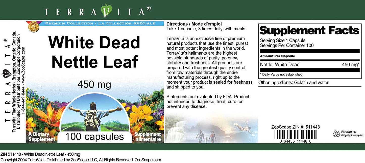 Terravita White Dead Nettle Leaf 450 mg, 100 Capsules