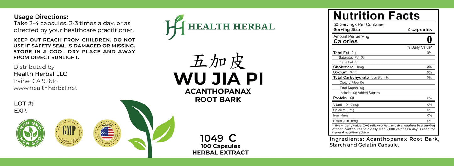 Health Herbal Wu Jia Pi/Acanthopanax Root Bark Capsules, 100 Capsules