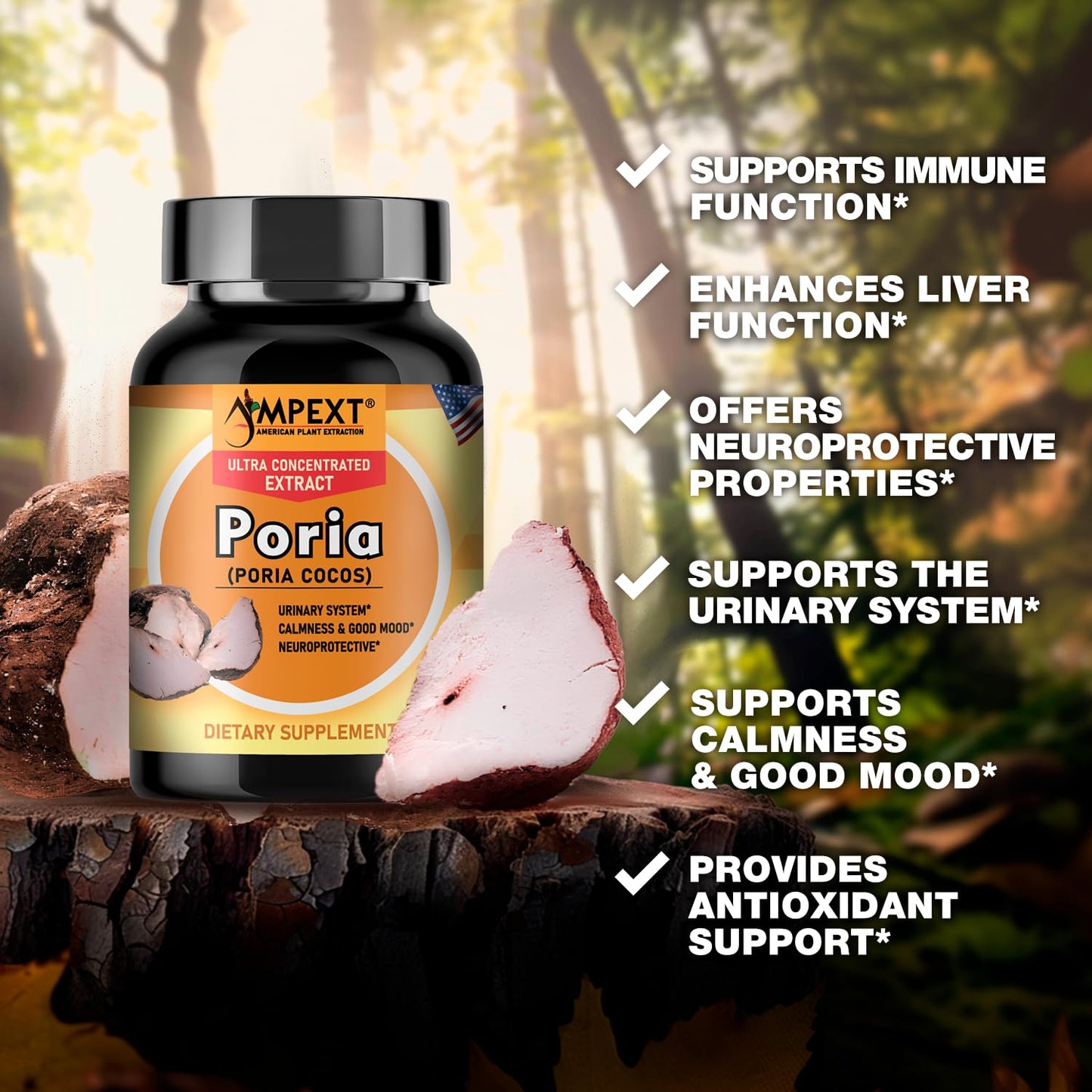 AMPEXT Poria Cocos Mushroom Extract Capsules, 90 Veg Caps