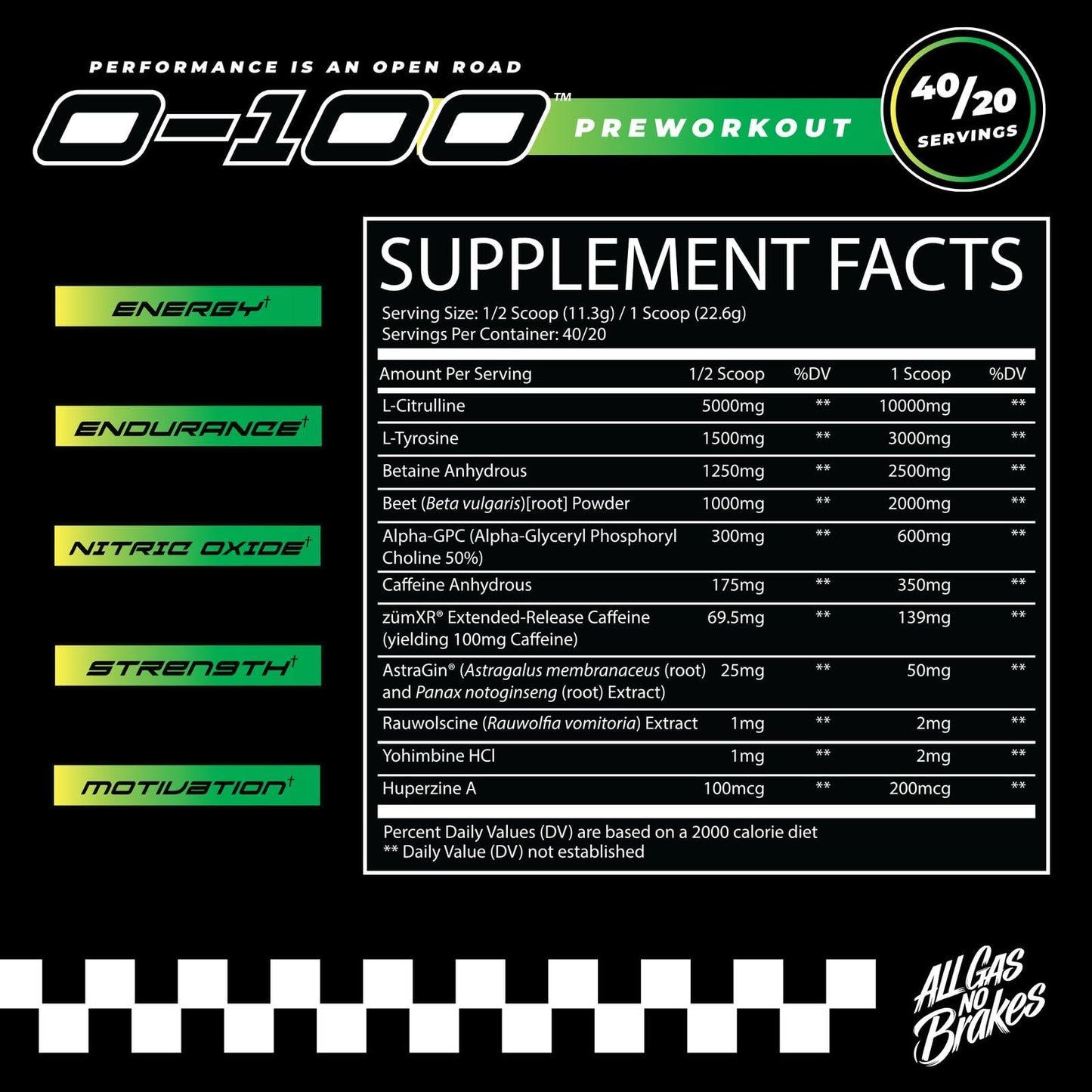 All Gas No Brakes Supplements 0-100 Pre Workout Powder, 16 Servings