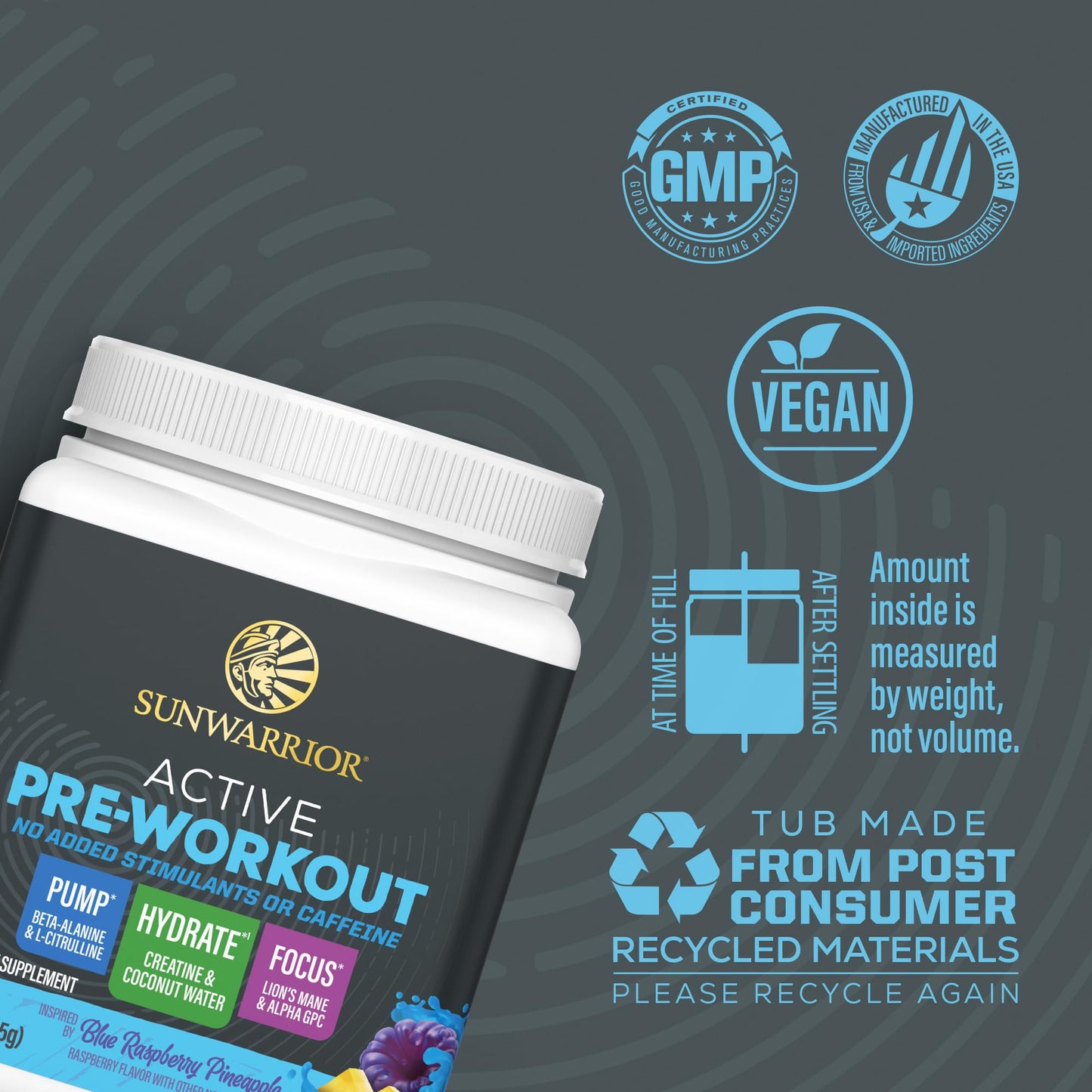 Sunwarrior Pre Workout Powder Blue Raspberry Pineapple Flavor 11.1 Ounce