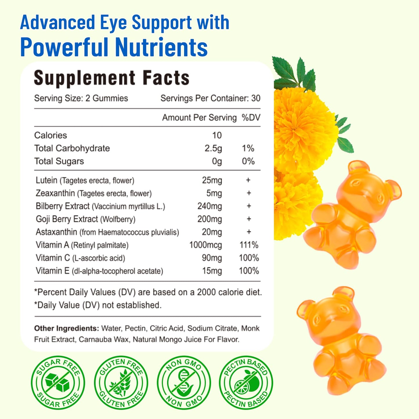 Vazatisi Eye Vitamins Lutein & Zeaxanthin Gummies Mango Flavored, 60 Count