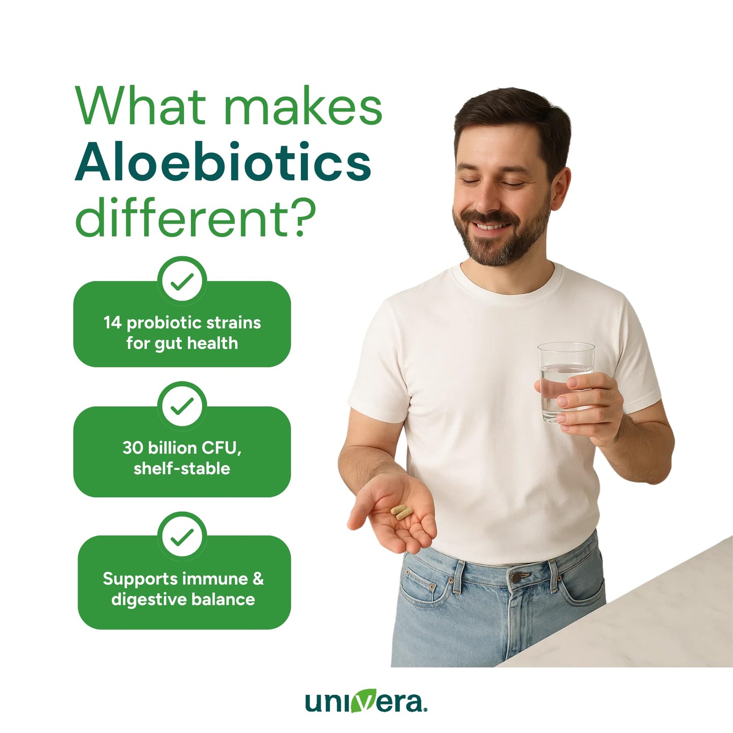 Univera Probiotics Probiotics and Prebiotics 30 Billion CFUs with Organic Aloe Vera, 14 Strains, Digestive Enzymes for Adults, Vegan AloeBiotics Capsule 60 Count