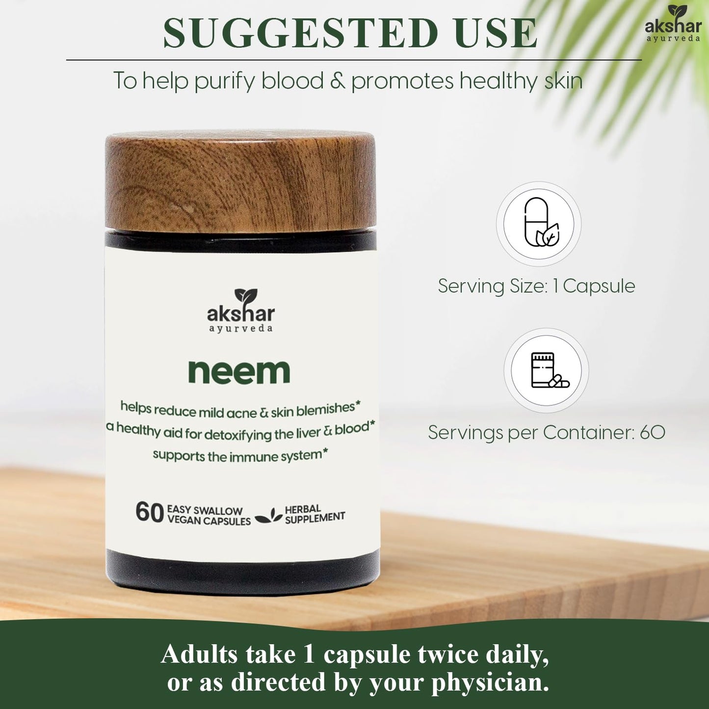AKSHAR Neem Extract and Neem Leaf Powder Capsules, 60 Count
